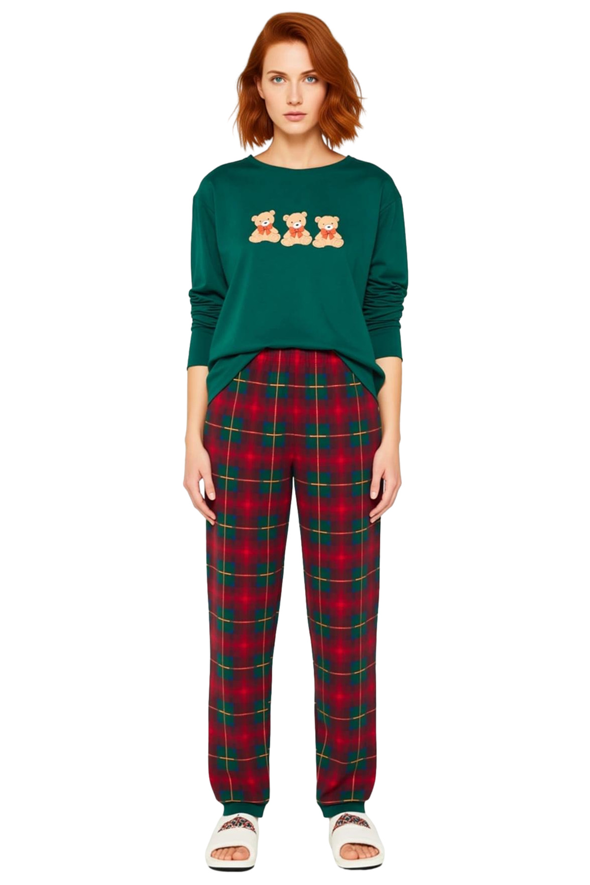 Kadın Ayıcık Nakışlı Ekose Pijama Takımı Fonksiyonel Dayanıklı Kaliteli Konforlu Estetik Şık