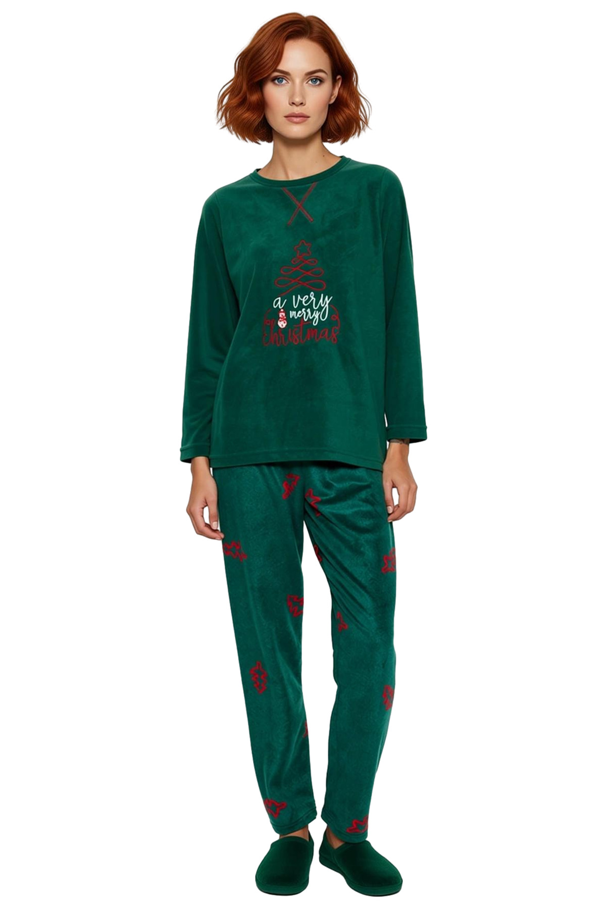Kadin Yesil Yılbaşı Temali Polar Pijama Takımı Fonksiyonel Dayanıklı Kaliteli Konforlu Şık
