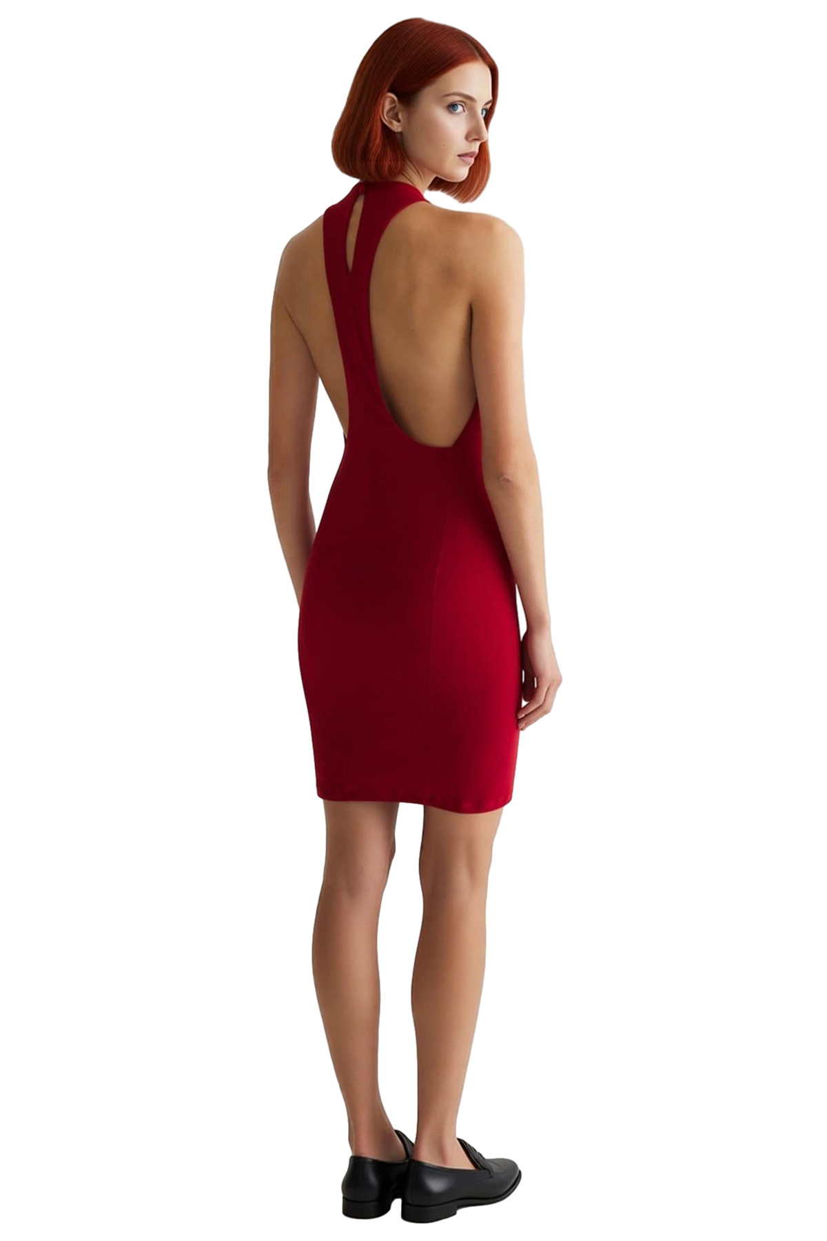 Kadın Kırmızı Halter Yaka Bodycon Mini Elbise Şık Kolsuz Örme Sandy Kumaş Özel Gece Davetleri İçin