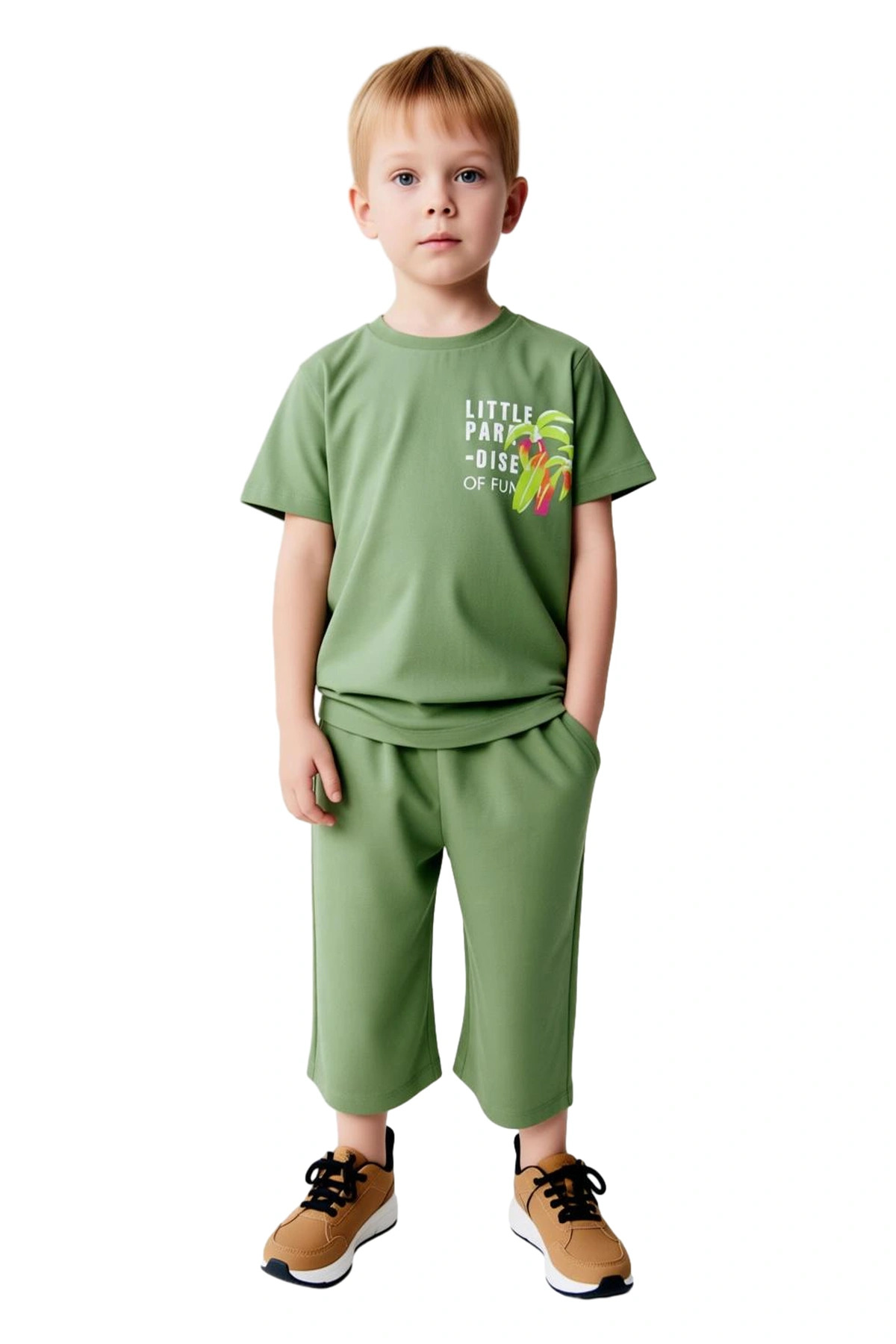Erkek Çocuk Pamuklu Bisiklet Yaka Kısa Kollu T Shirt ve Şort Takımı Kaliteli Şık Rahat