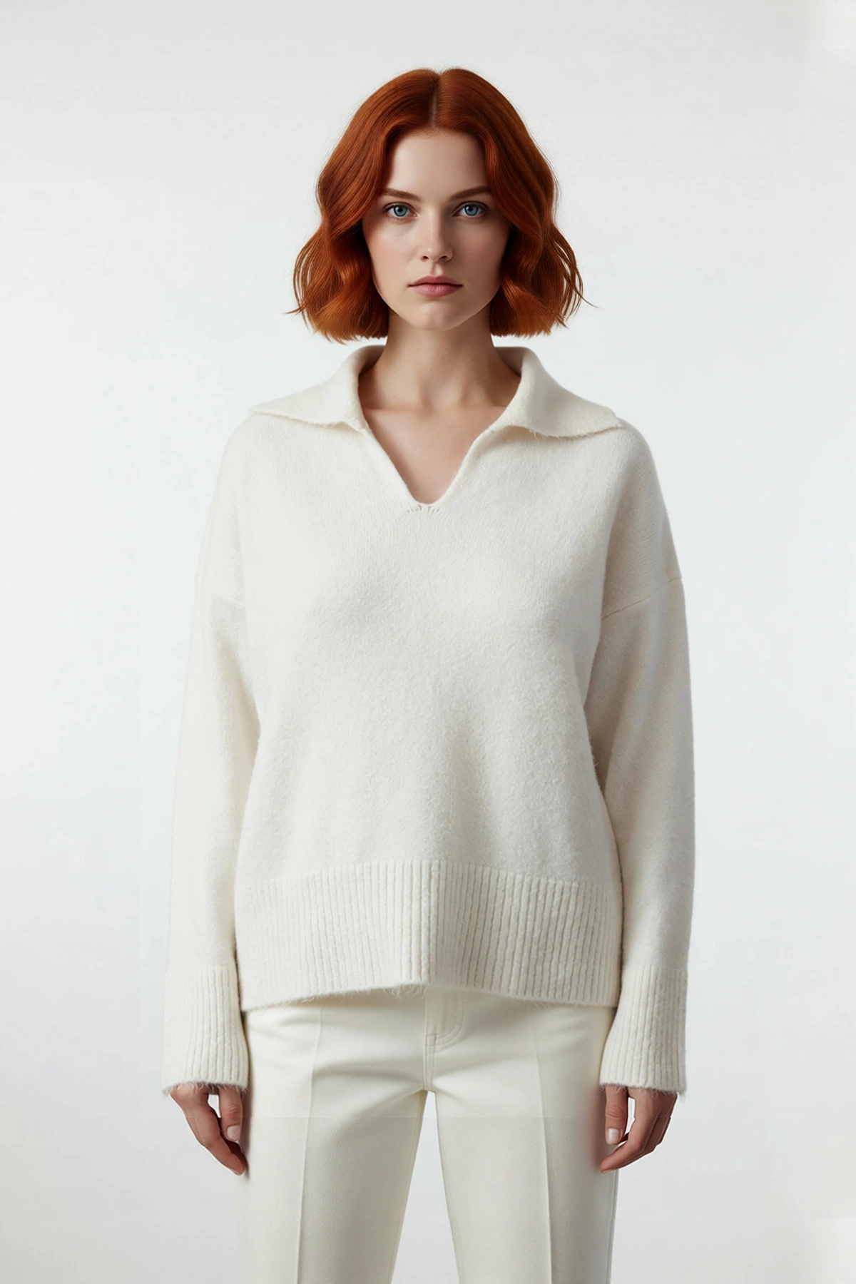Kadın Oversize Polo Yaka Düşük Kol Triko Kazak Kışlık Kombinlerinize Modern Rahatlık Katacak Şık