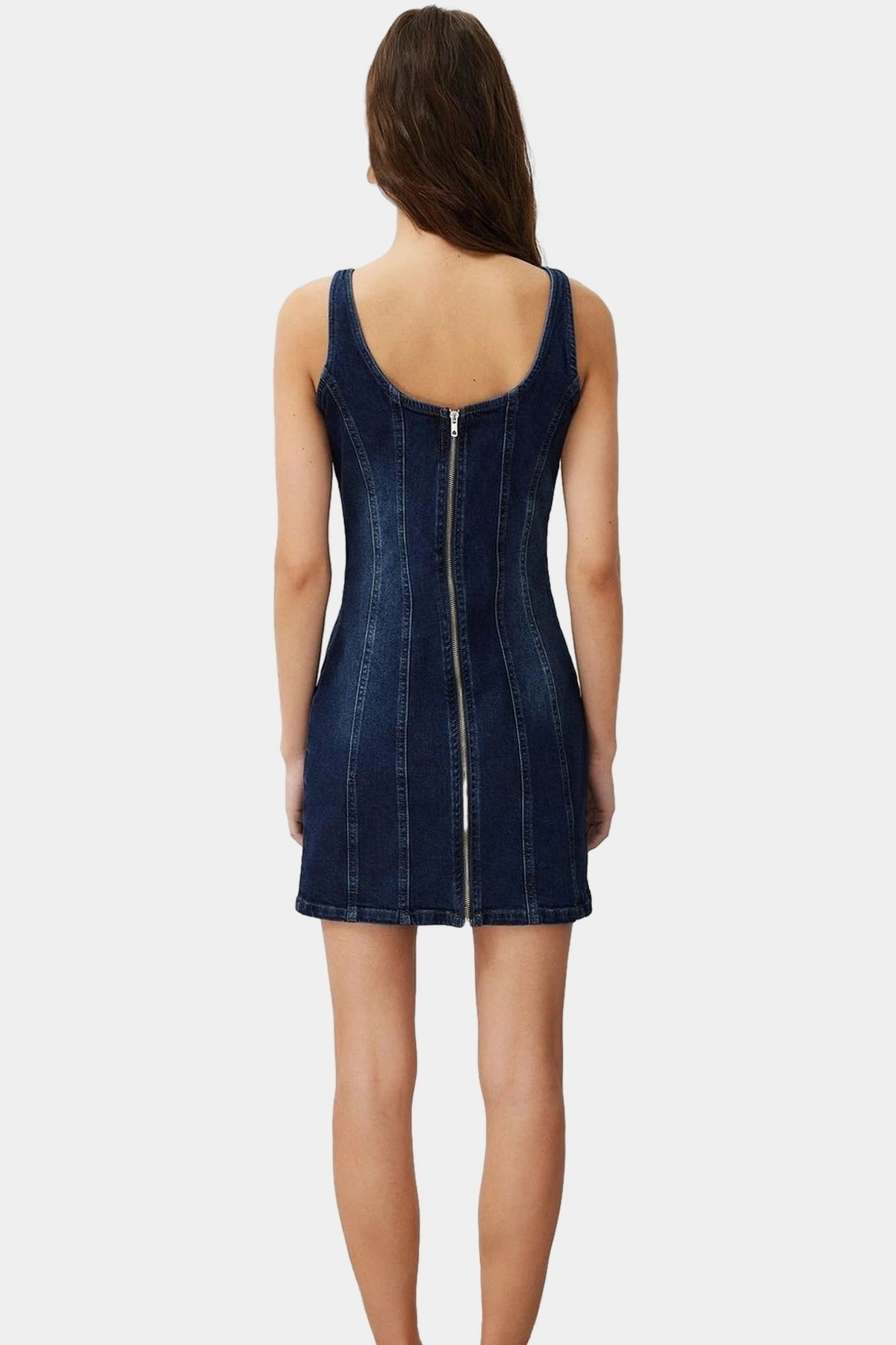 Kadın Denim Bisiklet Yaka Fitted Mini Elbise Rahat Günlük Stil Hafta Sonu Kaliteli Malzeme