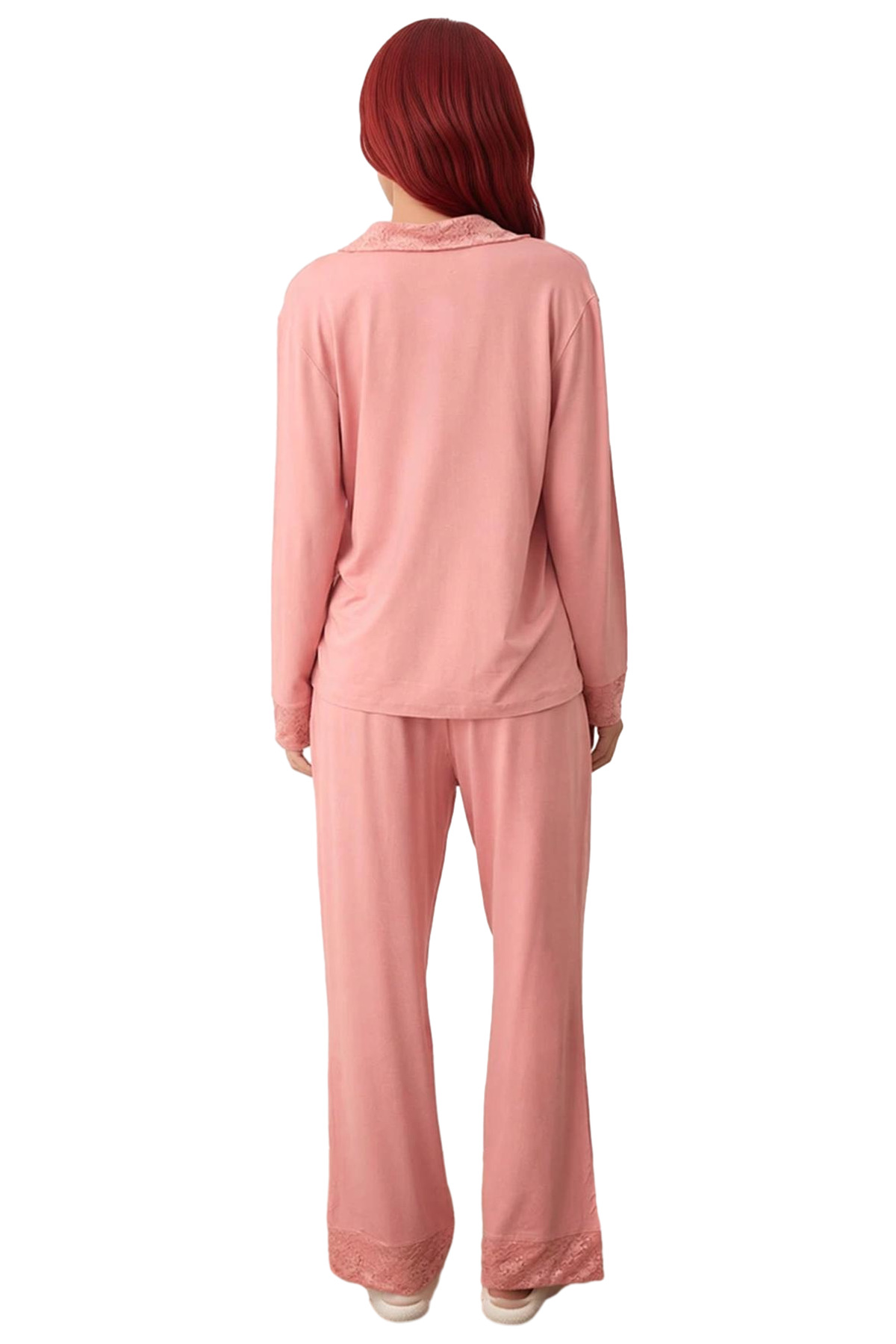 Kadın Gül Kurusu Dantel Detaylı Gömlek Pantolon Pijama Takımı Fonksiyonel Dayanıklı Modern