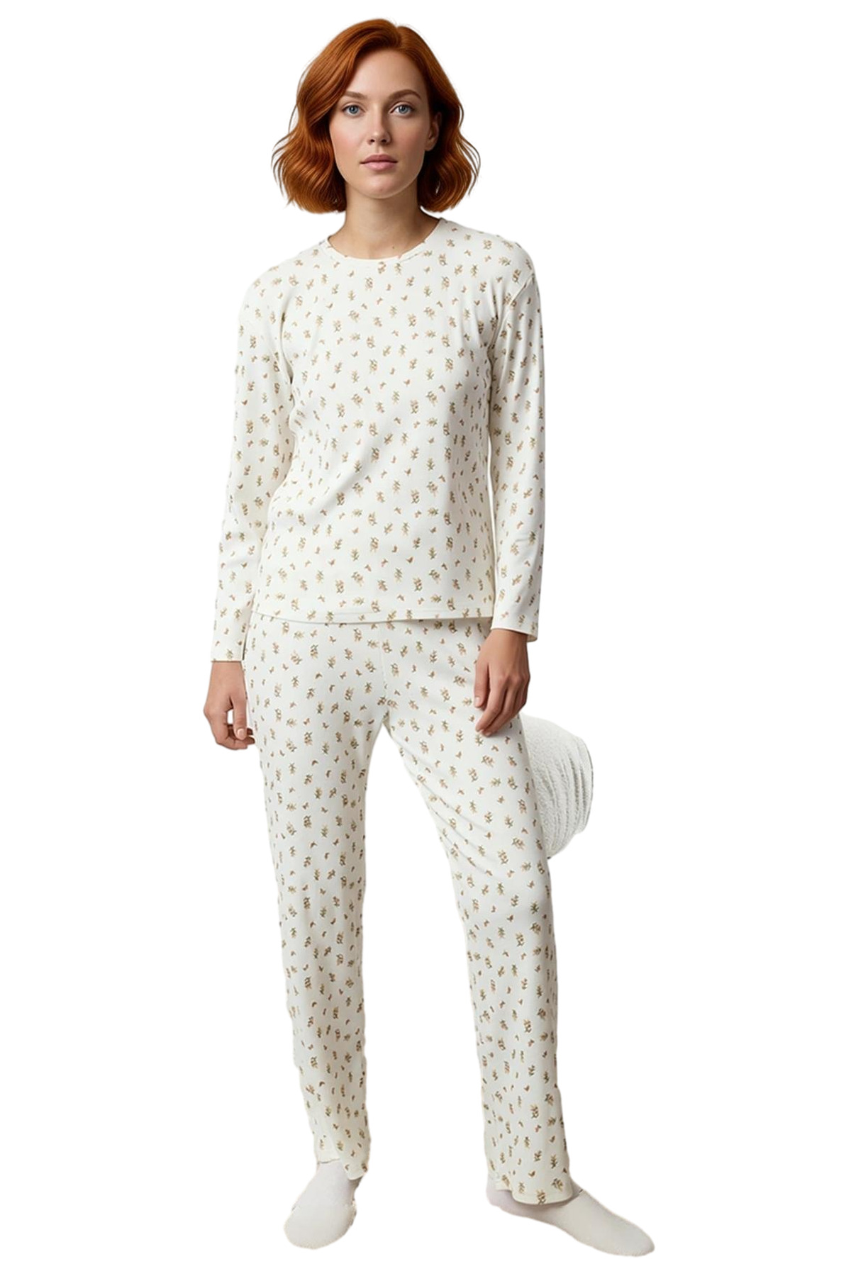 Çiçekli Bisiklet Yaka Uzun Kollu Pijama Takımı Kadın Fonksiyonel Dayanıklı Kaliteli Modern