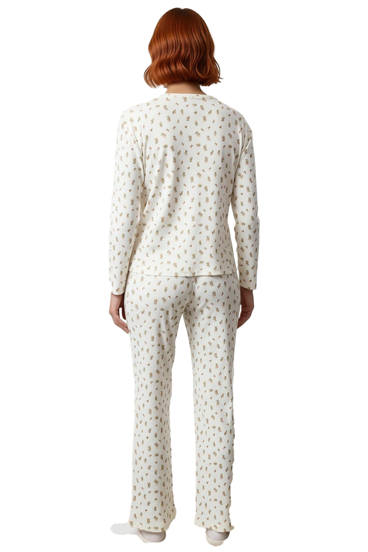 Çiçekli Bisiklet Yaka Uzun Kollu Pijama Takımı Kadın Fonksiyonel Dayanıklı Kaliteli Modern