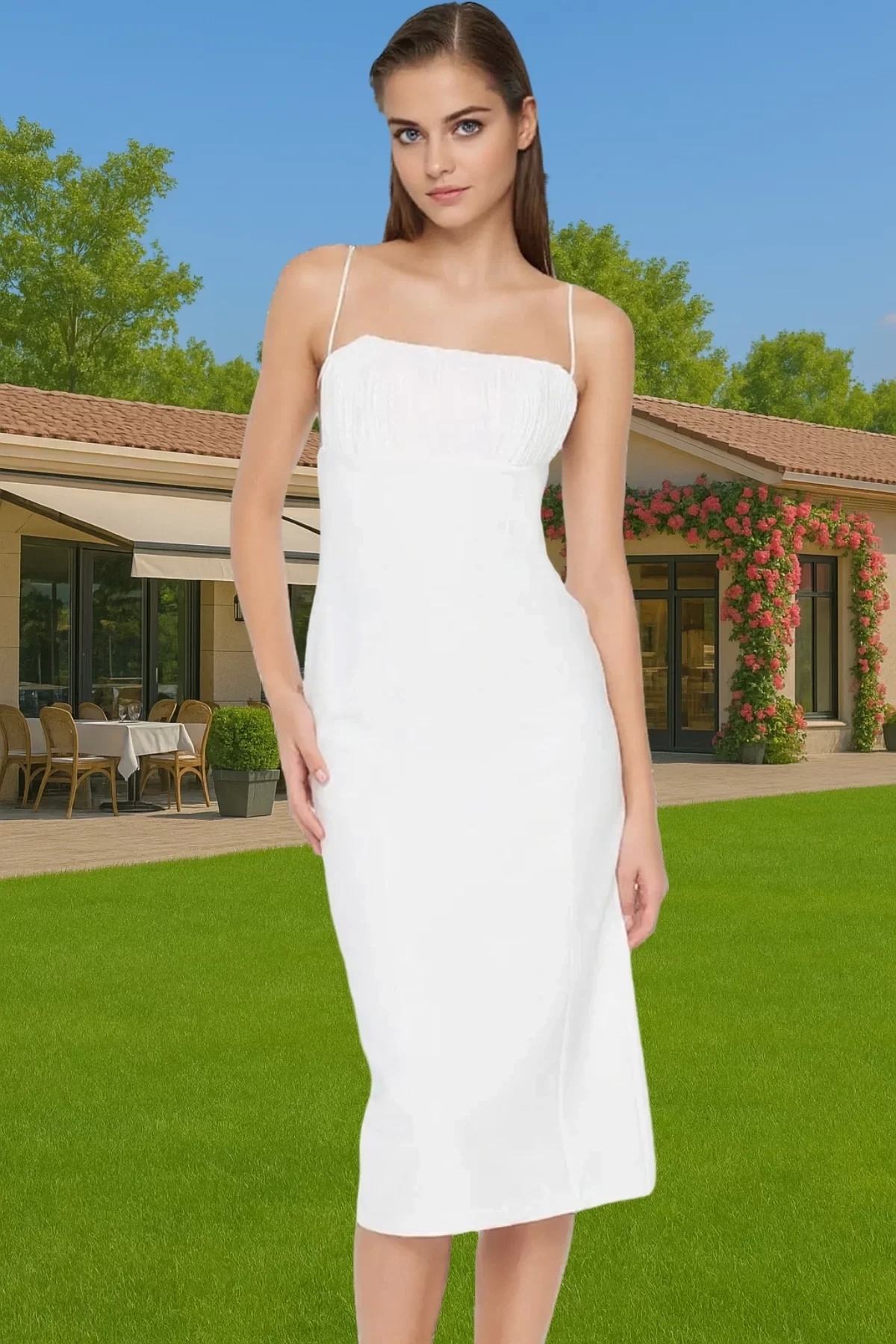 Kadın Bodycon Midi Abiye Elbise Yazlık Dokuma Kumaş Kare Yaka Trendy Tasarım Günlük Kullanım