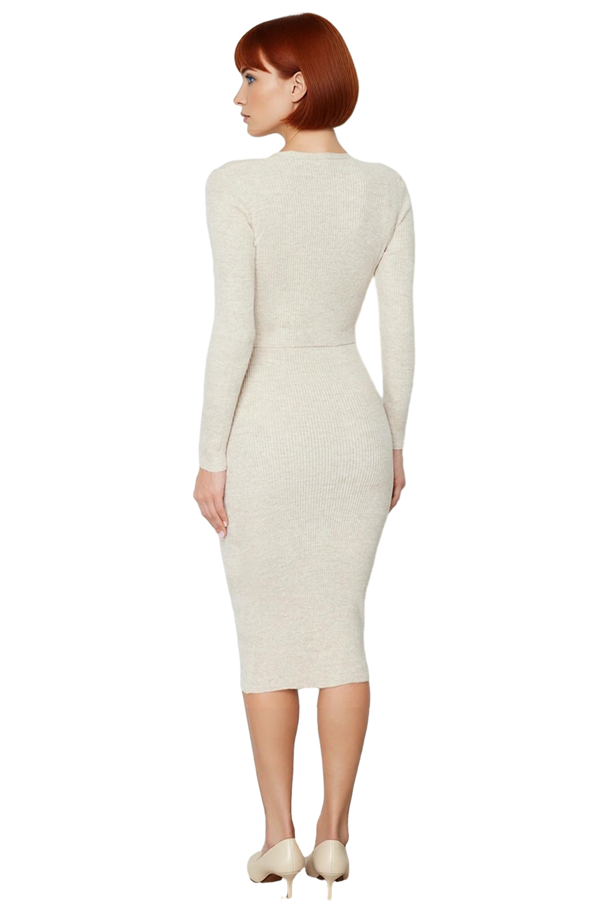 Kadın Bodycon Düz Triko Midi Elbise Uzun Kollu V Yaka Günlük Şık ve Rahat Kombinler İçin Kaliteli