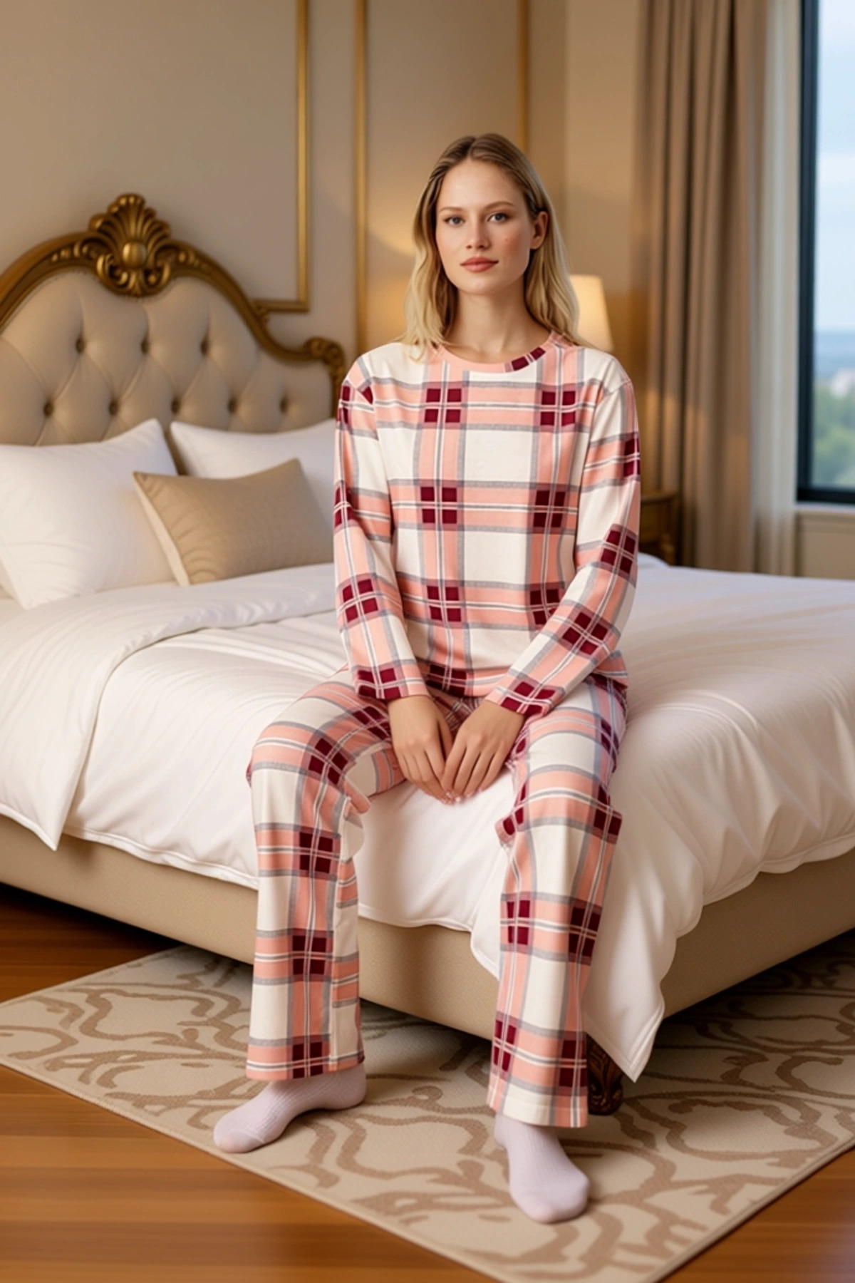 Kadın Ekose Desenli Bisiklet Yaka Pijama Takımı Fonksiyonel Dayanıklı Kaliteli Konforlu Şık