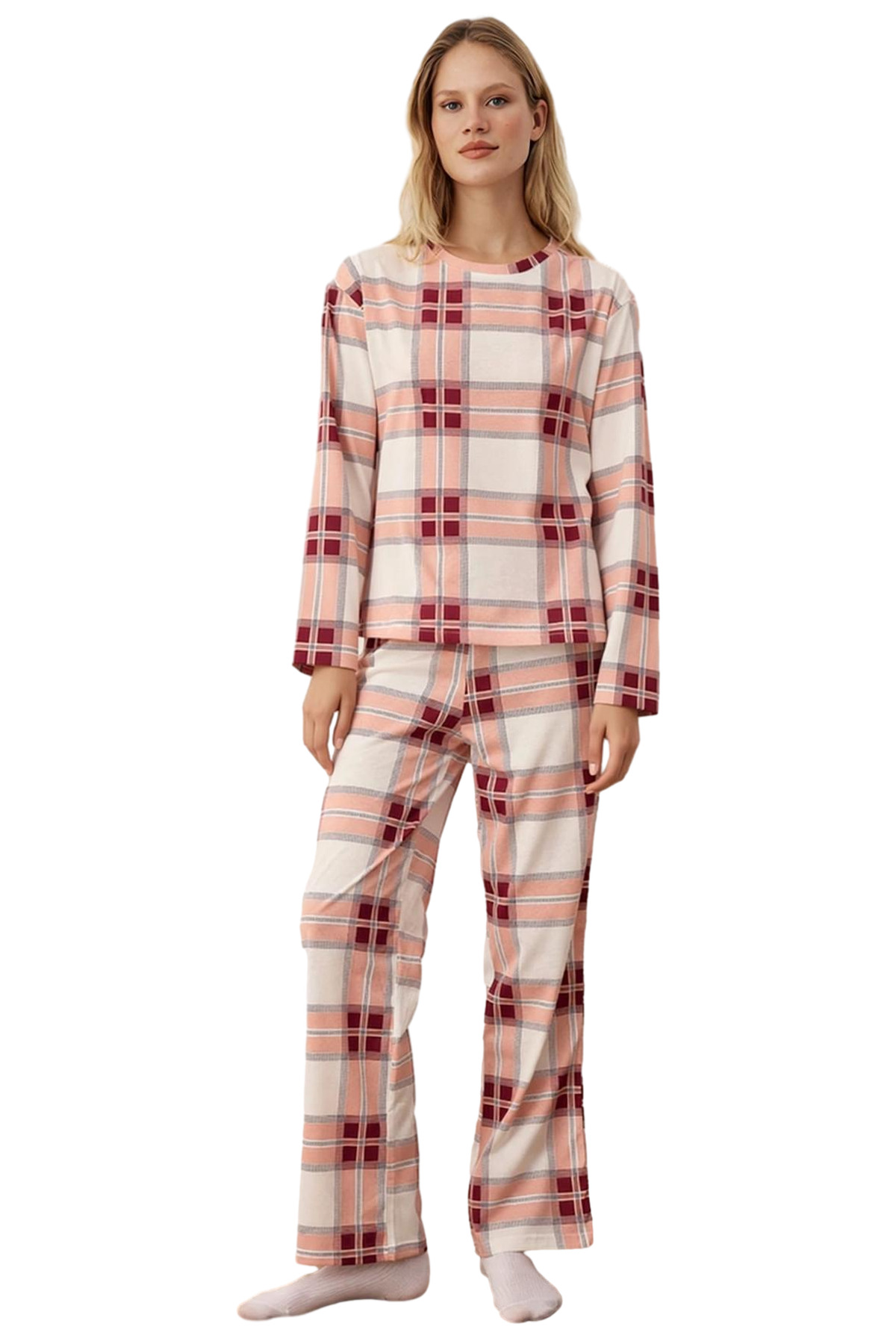 Kadın Ekose Desenli Bisiklet Yaka Pijama Takımı Fonksiyonel Dayanıklı Kaliteli Konforlu Şık