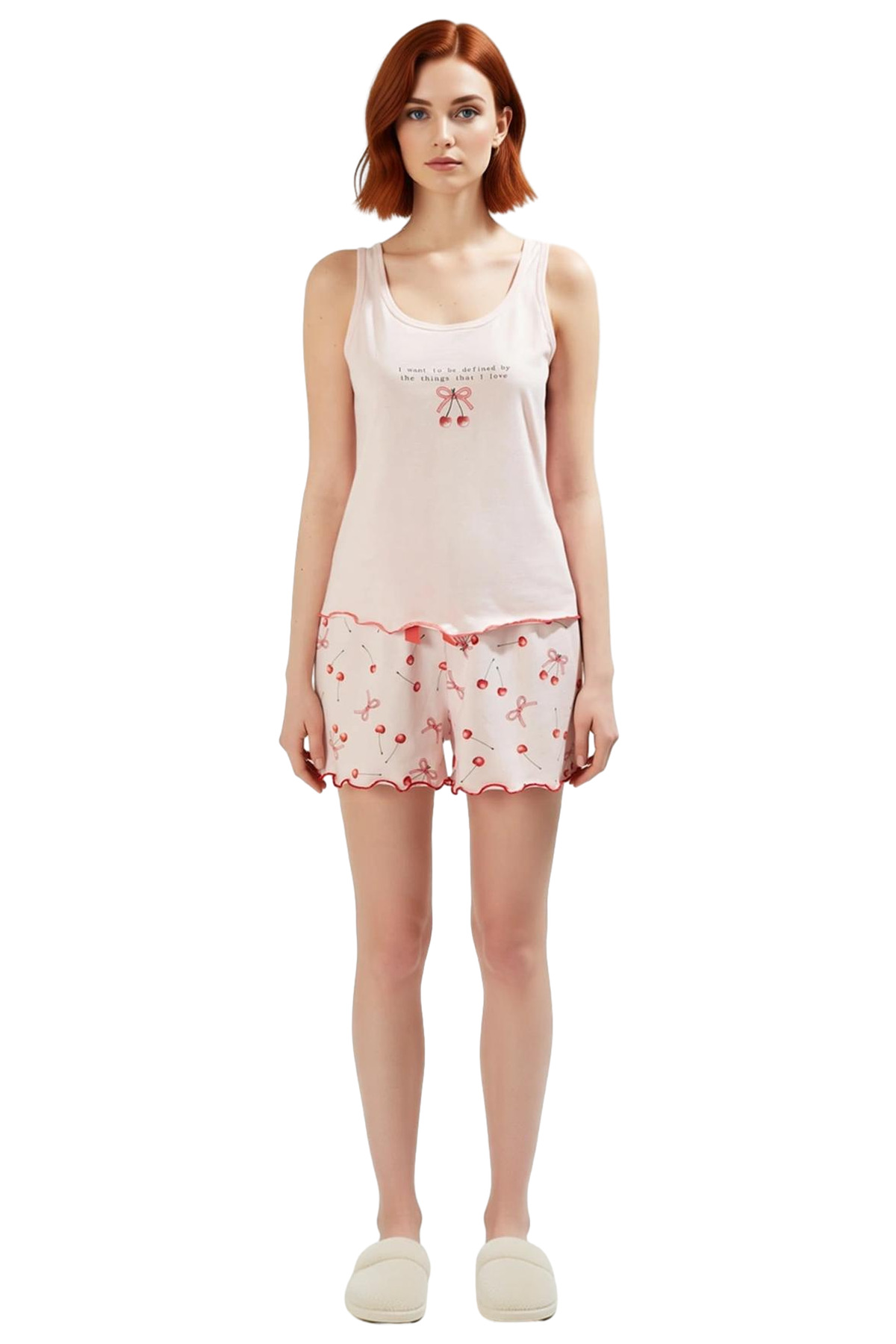 Kadın Yazlık Pamuklu Kiraz Desenli Pijama Takımı Rahat Homewear Seçkin Malzeme Dayanıklı