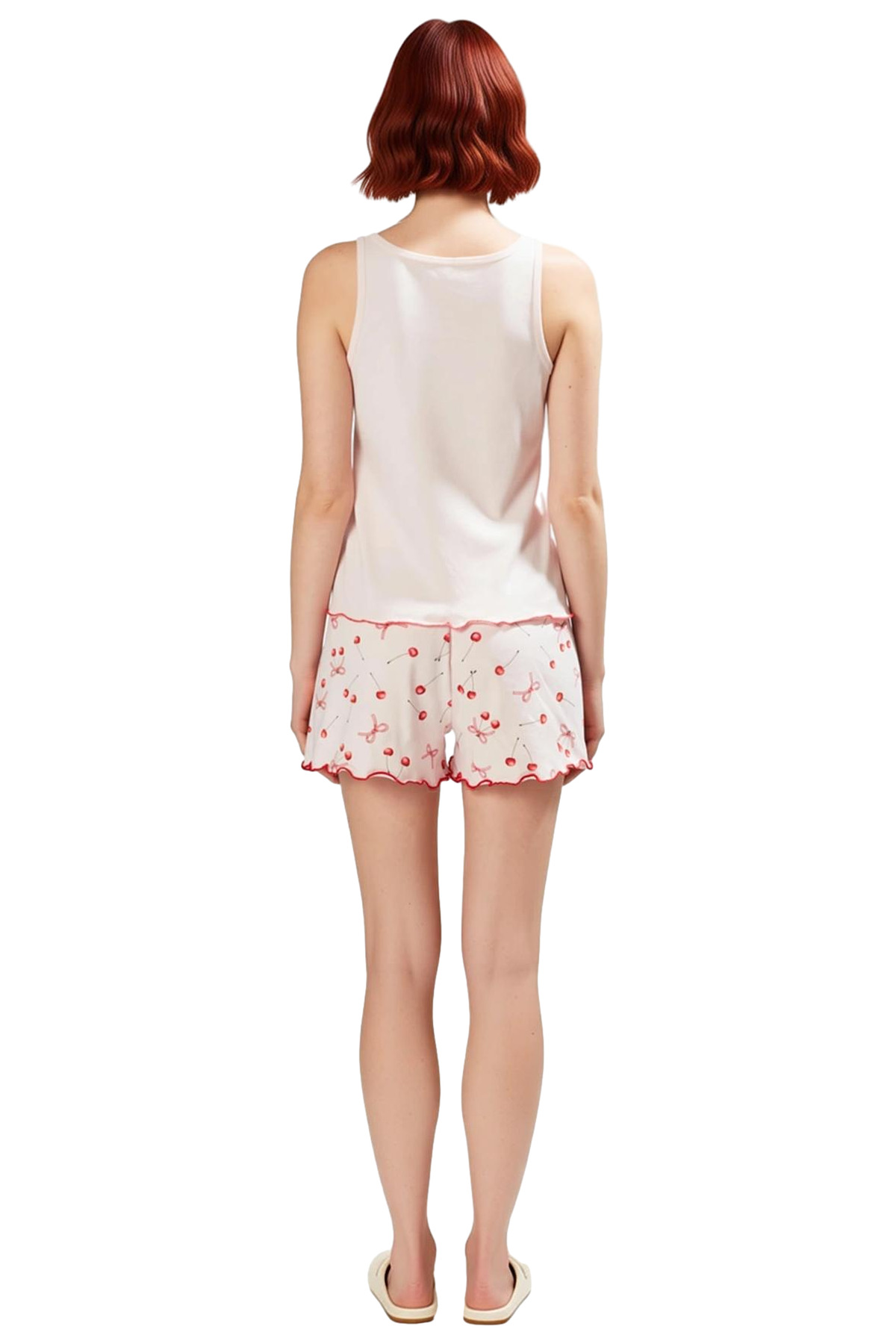 Kadın Yazlık Pamuklu Kiraz Desenli Pijama Takımı Rahat Homewear Seçkin Malzeme Dayanıklı