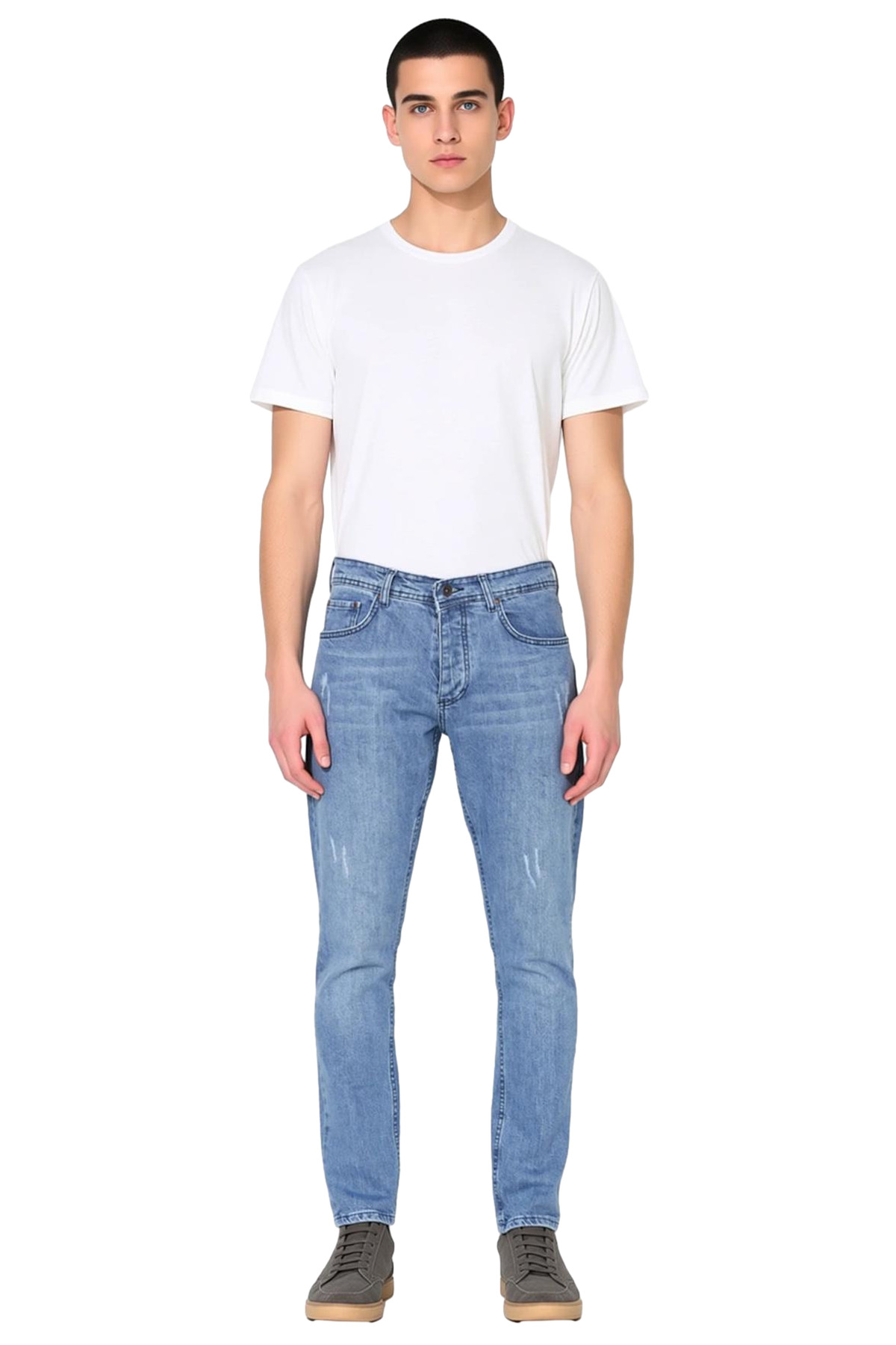 Erkek Moda Slim Fit Dar Kesim Denim Kot Pantolon Yırtık Detaylı Casual Günlük Dayanıklı Malzeme