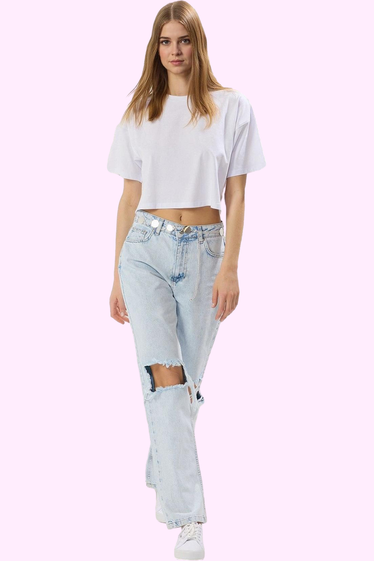 Kadın Moda Yırtık Detaylı Normal Bel Geniş Paça Jean Pantolon Günlük Tarz Mevsimlik Kullanım