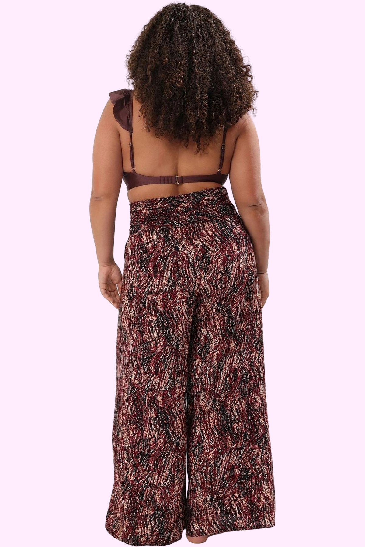 Kadın Moda Geniş Paça Crinkle Dokuma Pantolon Çiçekli Desen Yüksek Bel Yazlık Plaj Günlük Kullanım