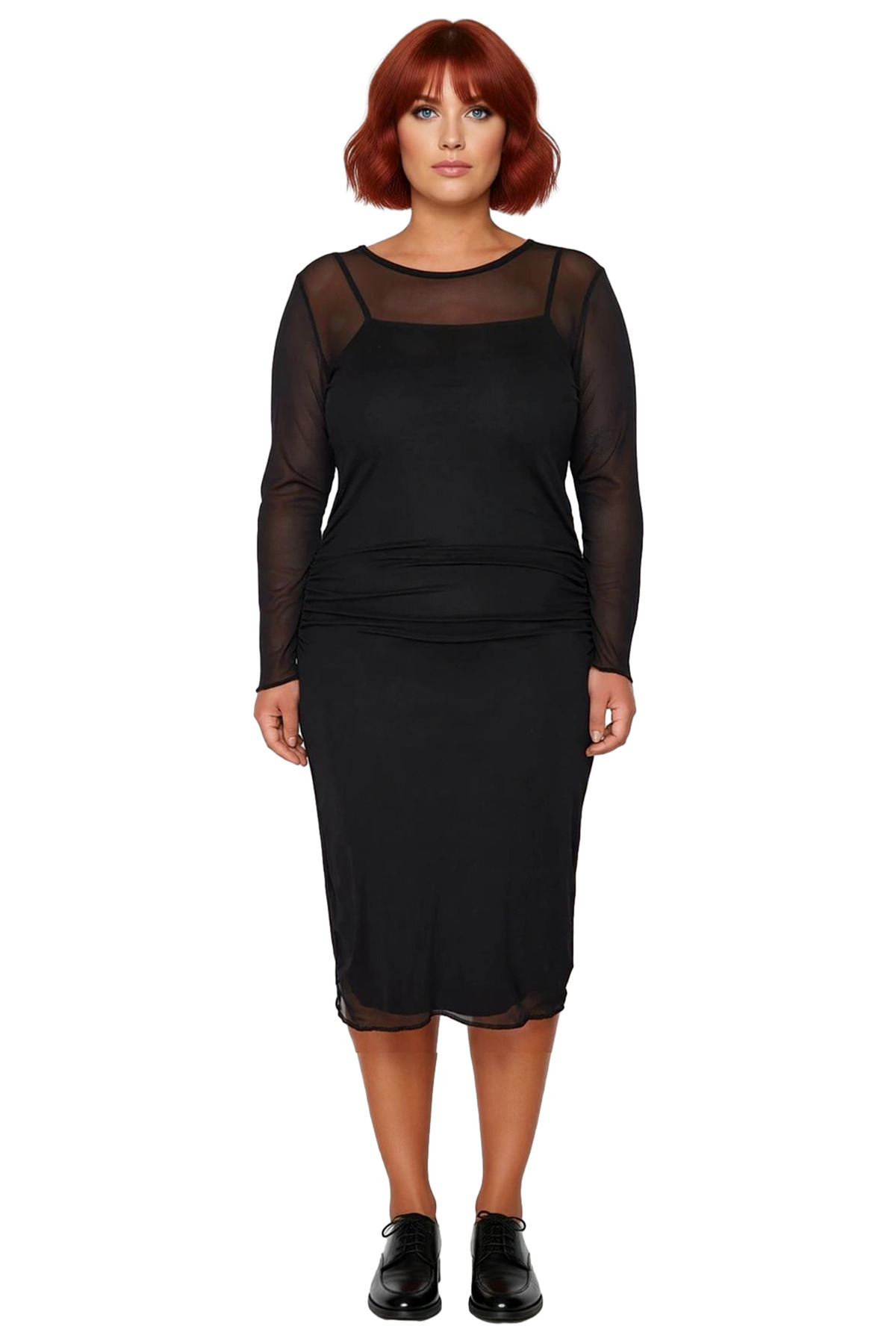 Kadınlara Özel Bodycon Fit Midi Elbise Tül Detaylı Uzun Kol Örme Kumaş İlkbahar Sonbahar Şıklığı