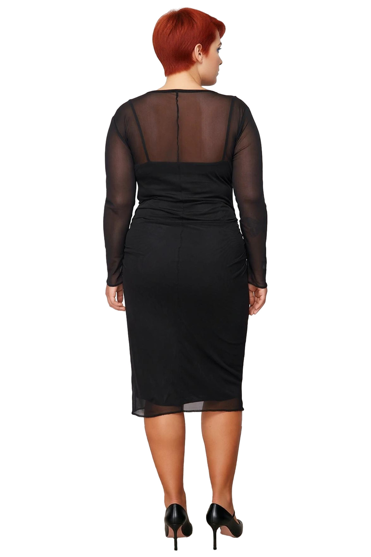 Kadınlara Özel Bodycon Fit Midi Elbise Tül Detaylı Uzun Kol Örme Kumaş İlkbahar Sonbahar Şıklığı