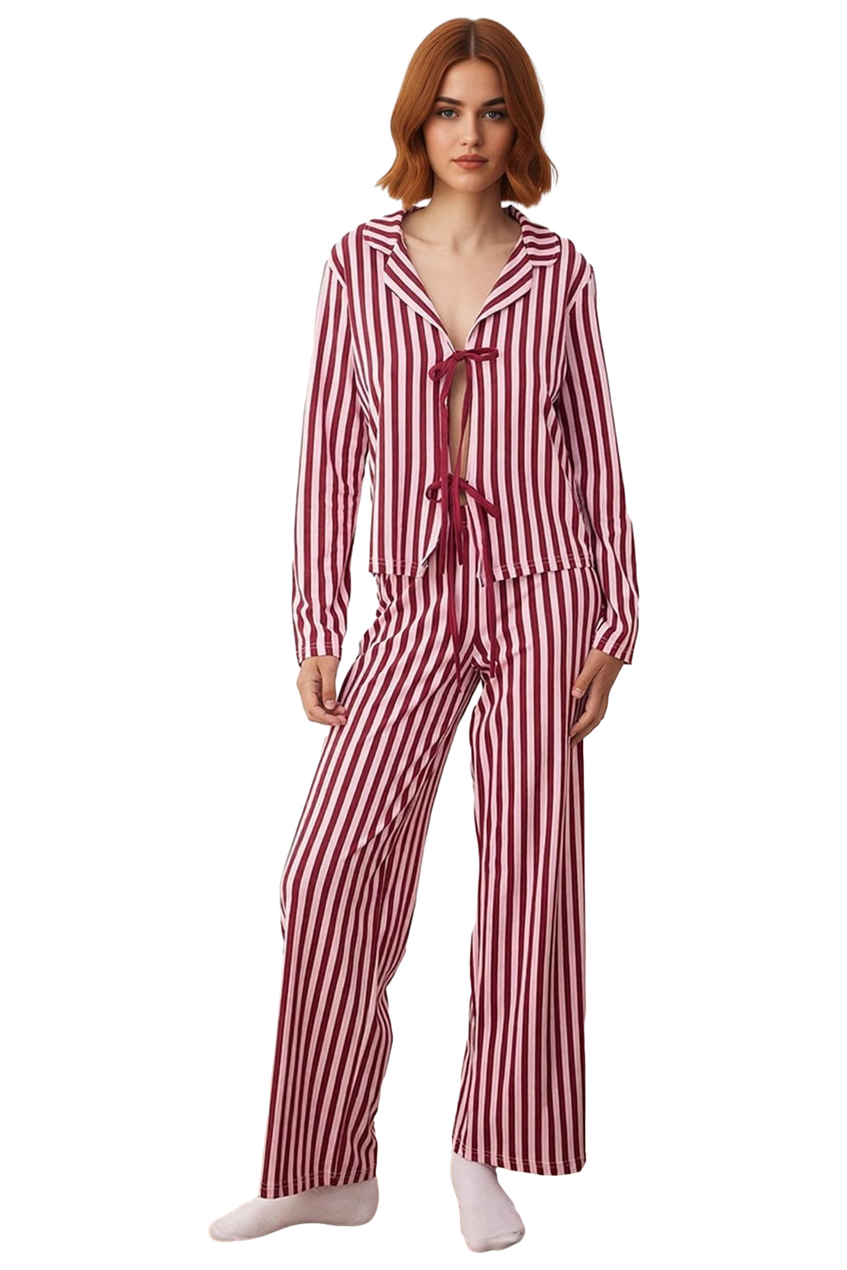 Kadın Çizgili Gömlek Yaka Bağlamalı Pijama Takımı Fonksiyonel Dayanıklı Kaliteli Konforlu Şık