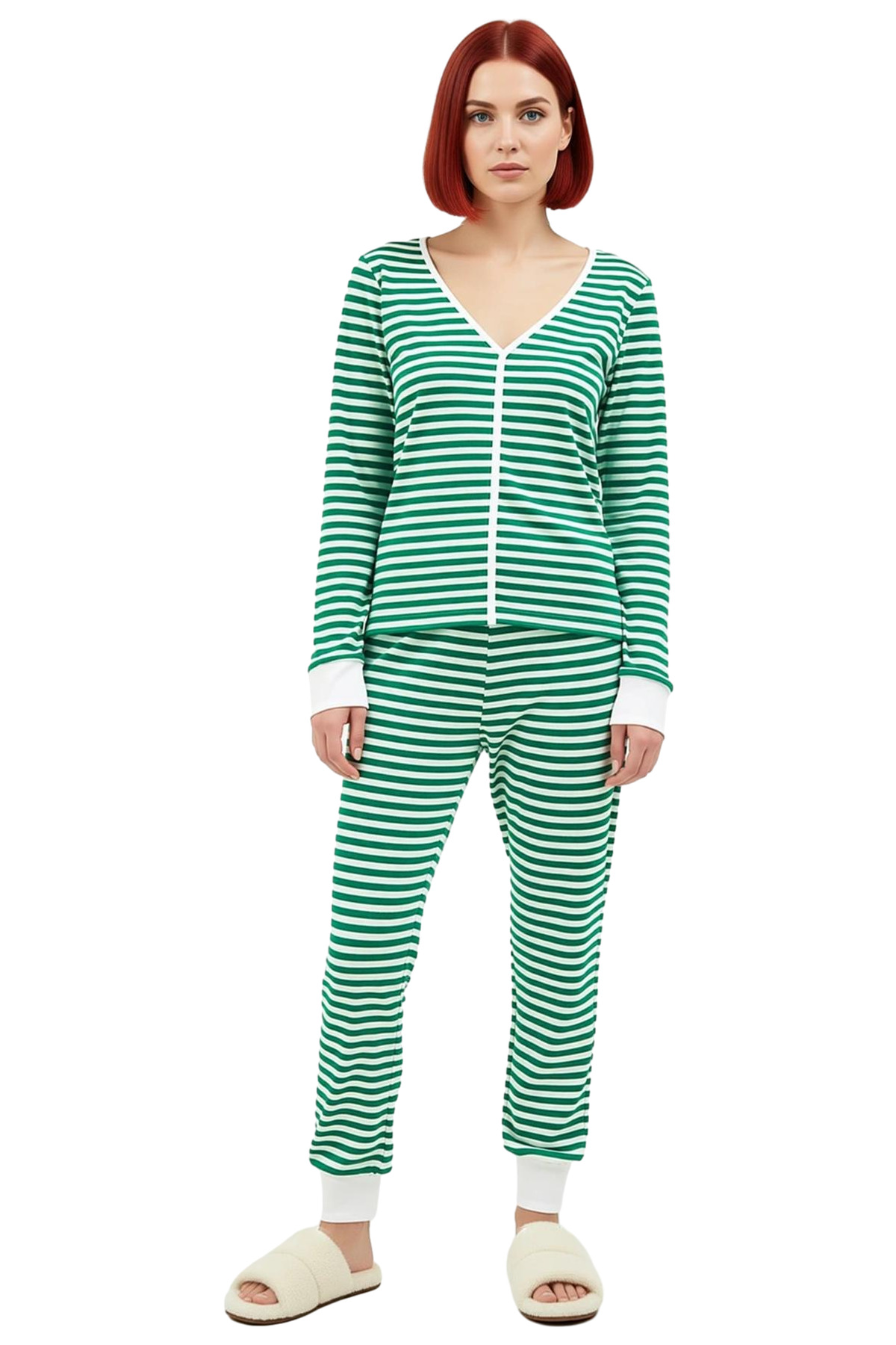 Kadın Çizgili V Yaka Uzun Kollu Pijama Takımı Fonksiyonel Dayanıklı Kaliteli Konforlu Spor