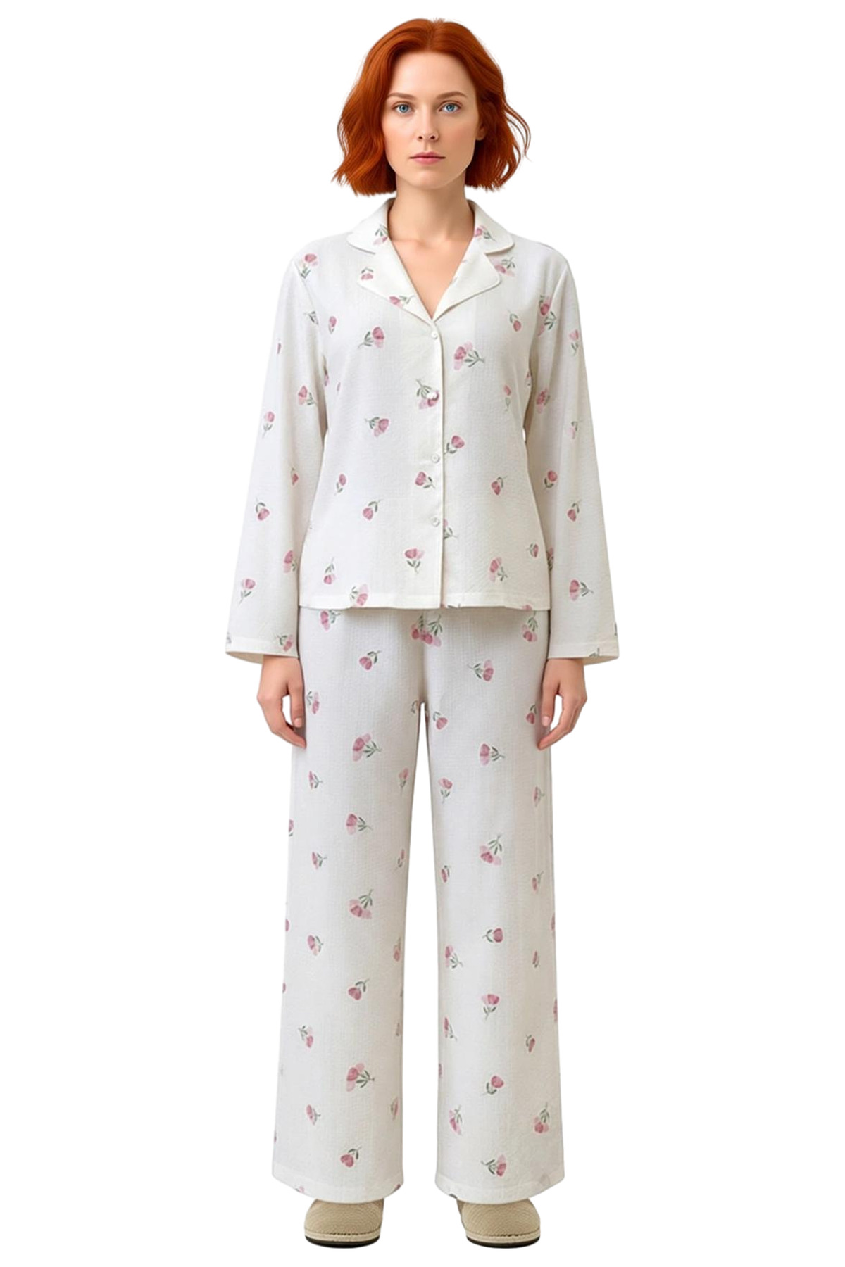 Kadın Çiçekli Gömlek Yaka Pijama Takımı Fonksiyonel Dayanıklı Kaliteli Konforlu Estetik Şık