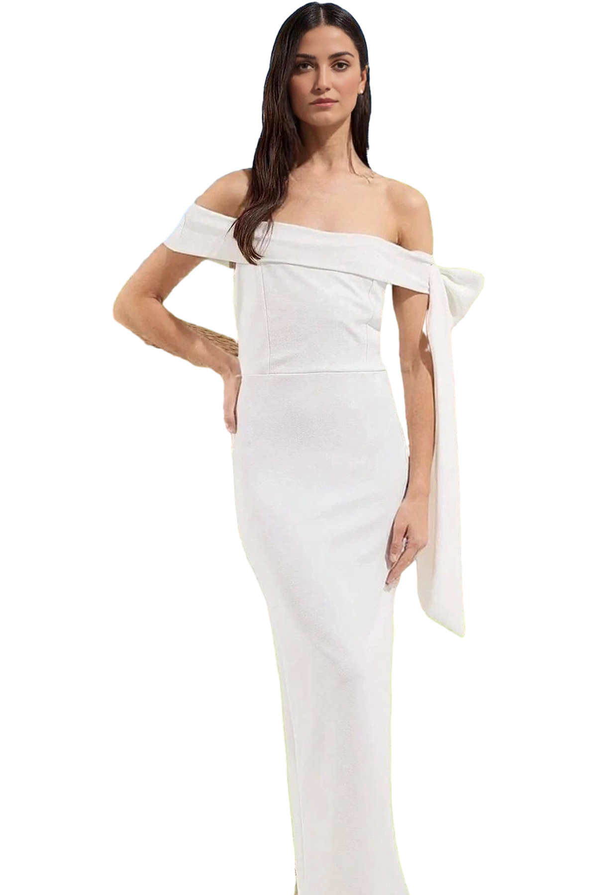 Alternative view of Omuz Fiyonklu Beyaz Bodycon Abiye Elbise Yazlık Maxi Krep Mükemmel Uyum Mükemmel Uyum Rahat Kullanım