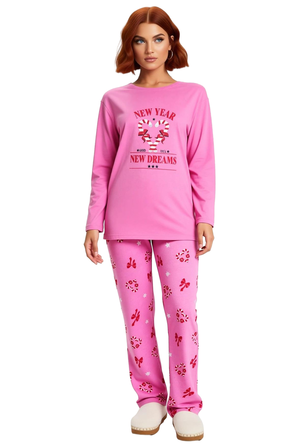 Kadin Yılbaşı Temali Pamuklu Pijama Takımı Fonksiyonel Dayanıklı Kaliteli Konforlu Estetik