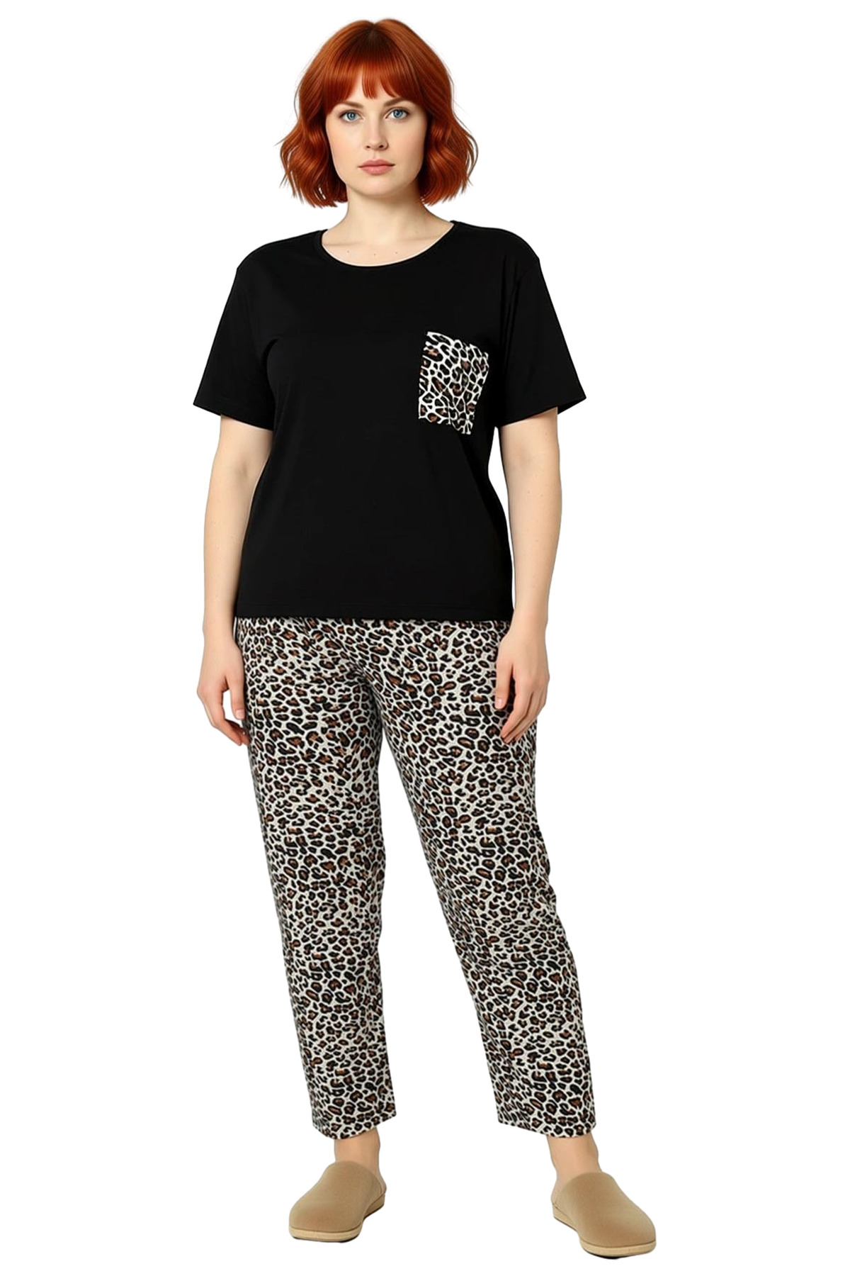 Kadın Leopar Desenli Bisiklet Yaka Pamuklu Pijama Takımı Fonksiyonel Dayanıklı Kaliteli Şık