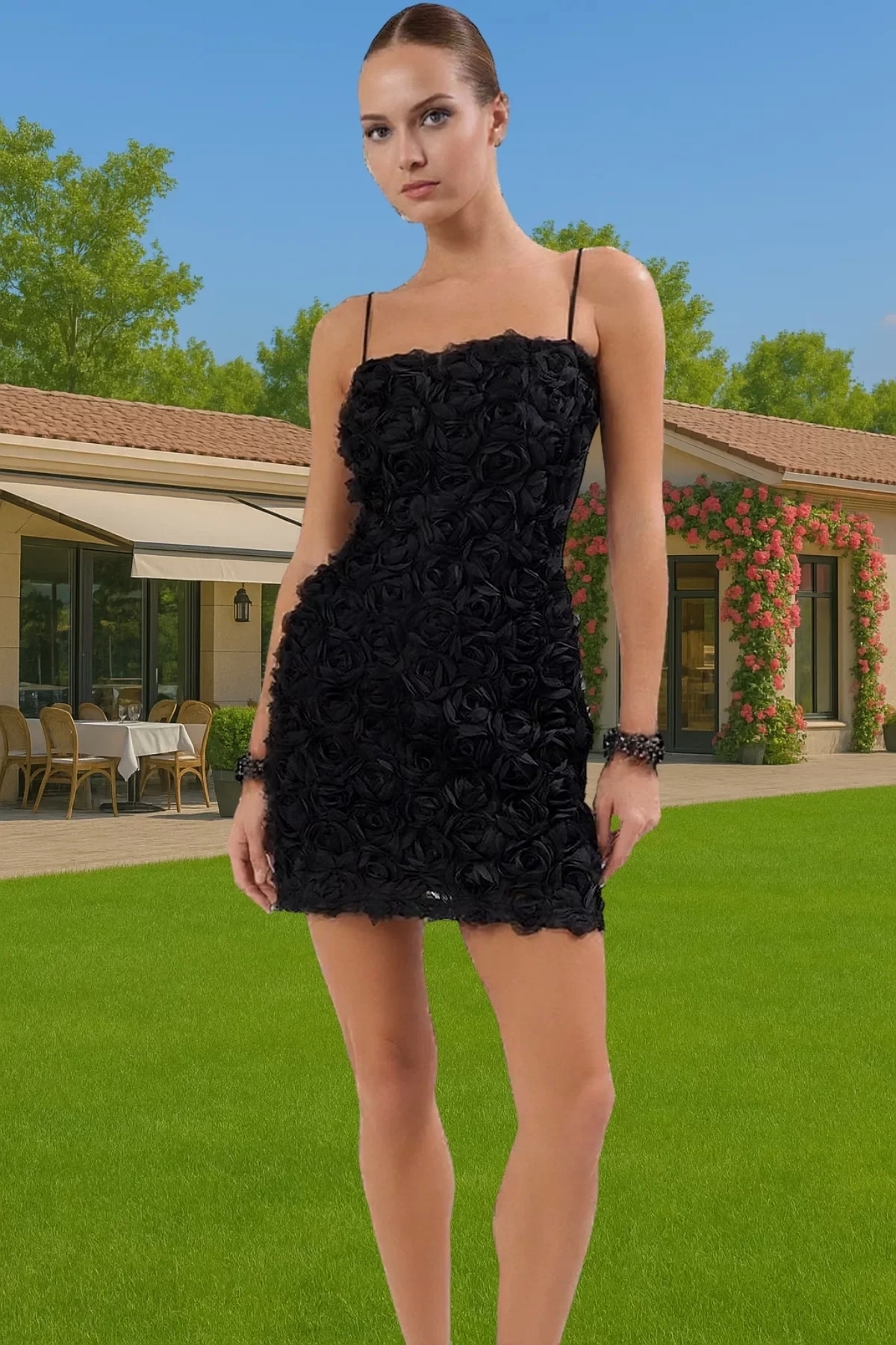 Kadın Mini Boy Abiye Elbise 3 Boyutlu Gül Aplike Detaylı Yazlık Yaz Aylarının Vazgeçilmezi