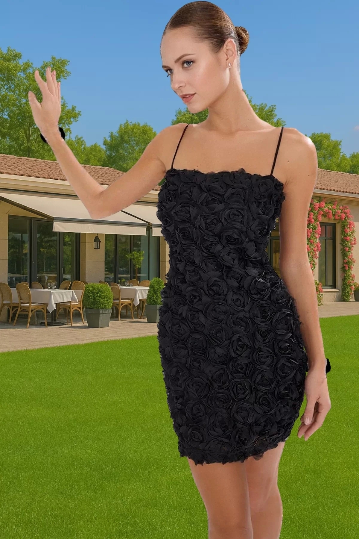 Kadın Mini Boy Abiye Elbise 3 Boyutlu Gül Aplike Detaylı Yazlık Yaz Aylarının Vazgeçilmezi