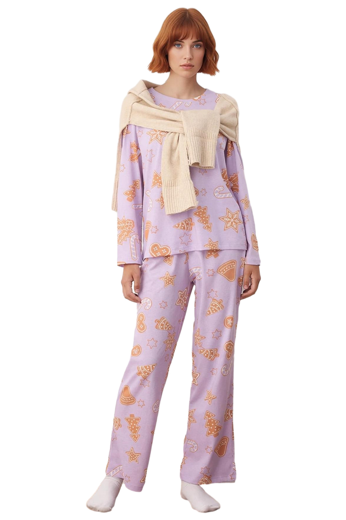 Kadın Lila Yılbaşı Temalı Pamuklu Pijama Takımı Fonksiyonel Dayanıklı Kaliteli Konforlu Şık