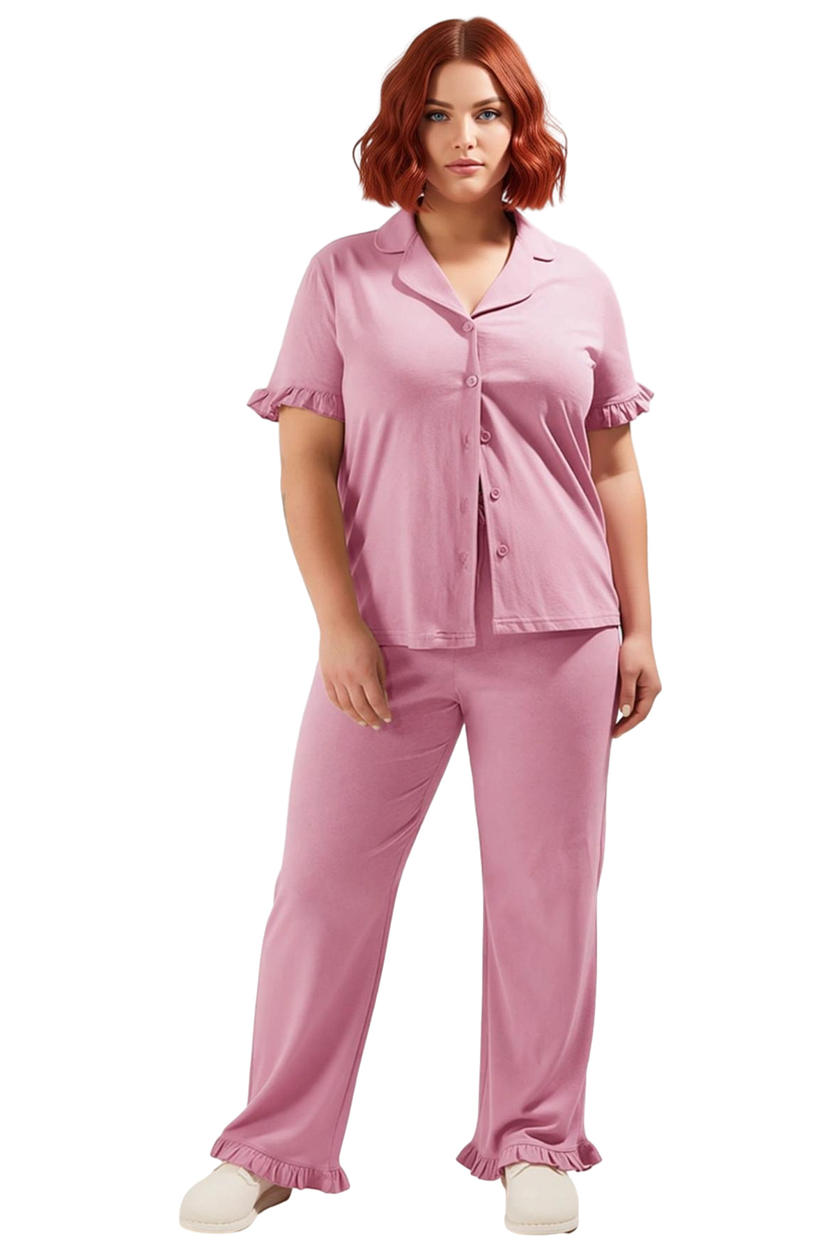 Kadın Fırfırlı Kol Gömlek Yaka Örme Pijama Takımı Fonksiyonel Dayanıklı Kaliteli Konforlu Şık