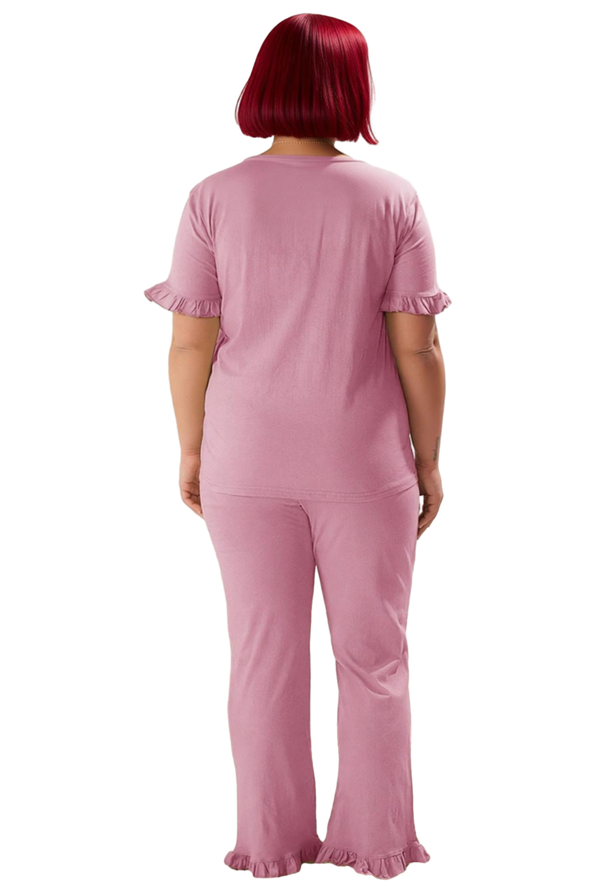 Kadın Fırfırlı Kol Gömlek Yaka Örme Pijama Takımı Fonksiyonel Dayanıklı Kaliteli Konforlu Şık