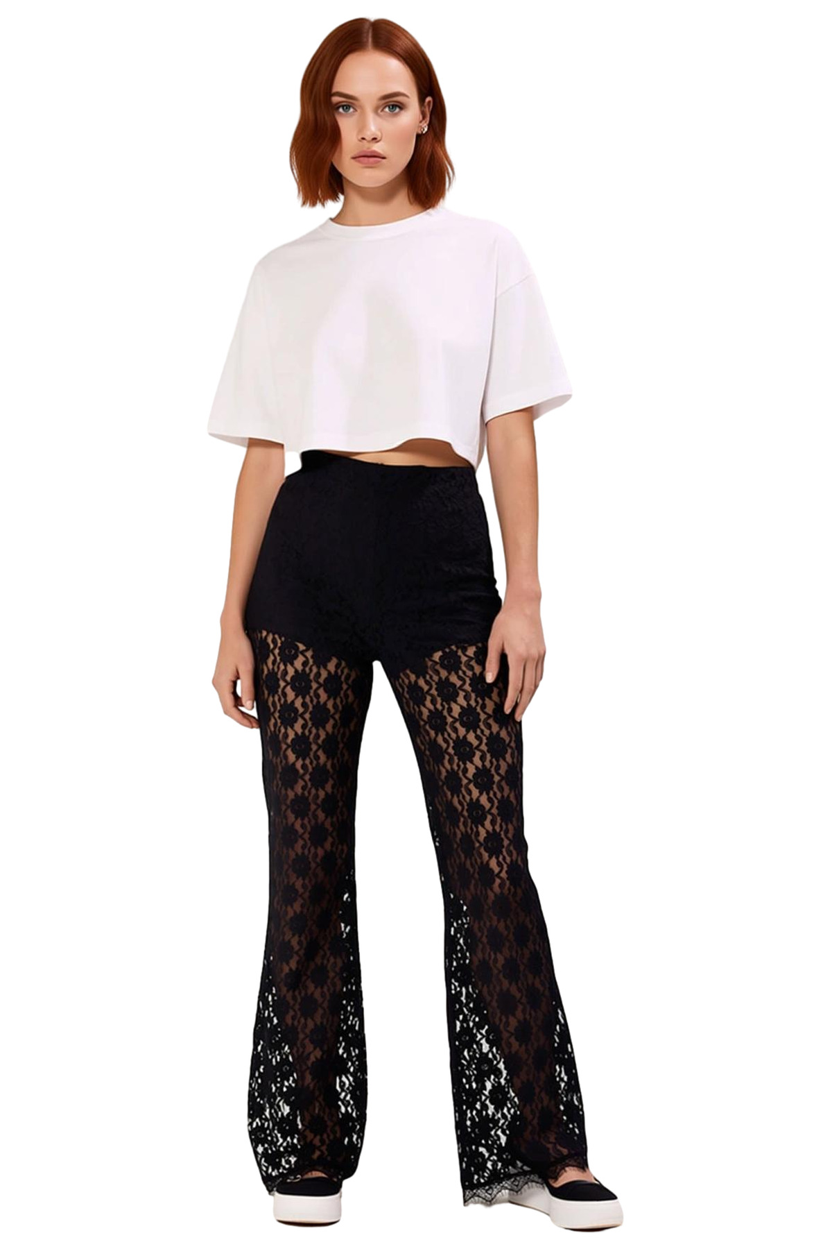 Kadın Moda Dantel Flare Pantolon Yüksek Bel Çiçekli Desen Uzun Boy Şık Gece Yazlık