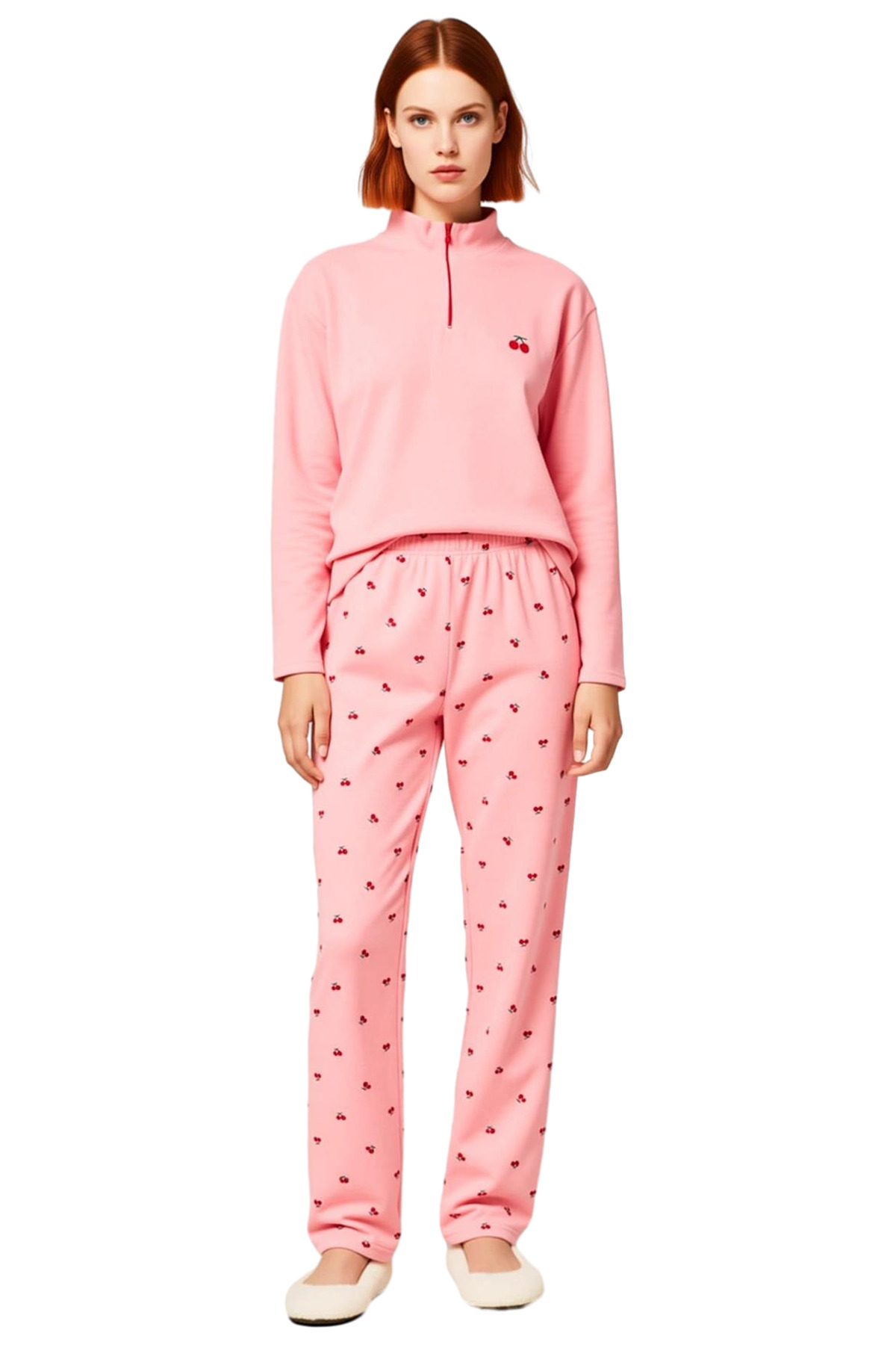 Kadın Kiraz Desenli Waffle Pijama Takımı Fermuarlı Dik Yaka Fonksiyonel Dayanıklı Kaliteli