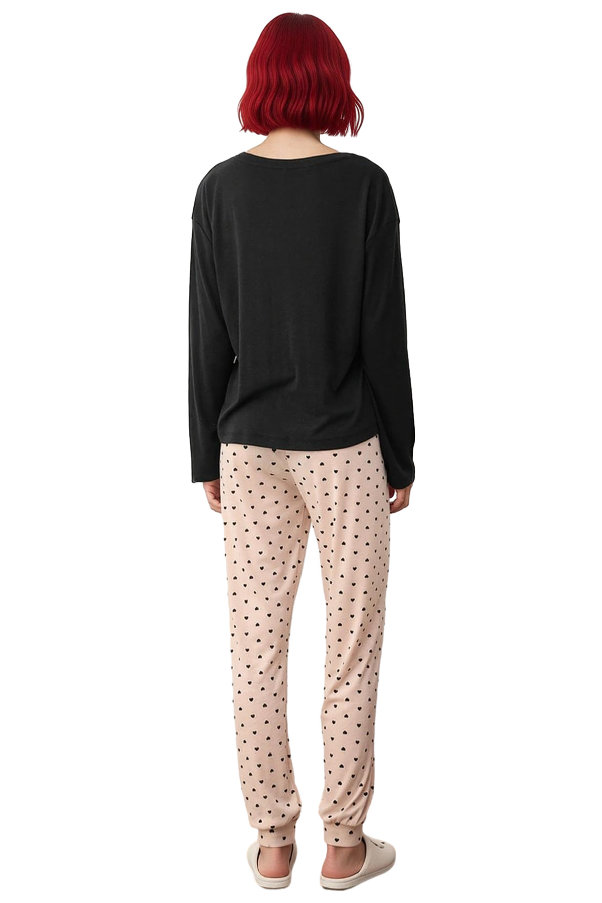 Kadın Kalpli Yumuşak Tuşe Örme Pijama Takımı Fonksiyonel Dayanıklı Kaliteli Konforlu Rahat