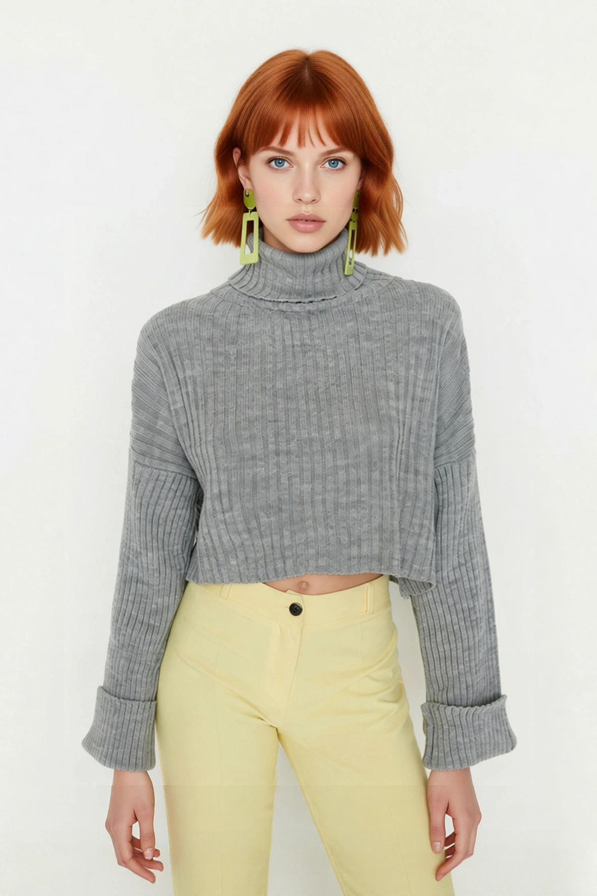 Kadın Oversize Super Crop Balıkçı Yaka Uzun Kollu Akrilik Triko Kazak Kışlık Günlük Şıklık