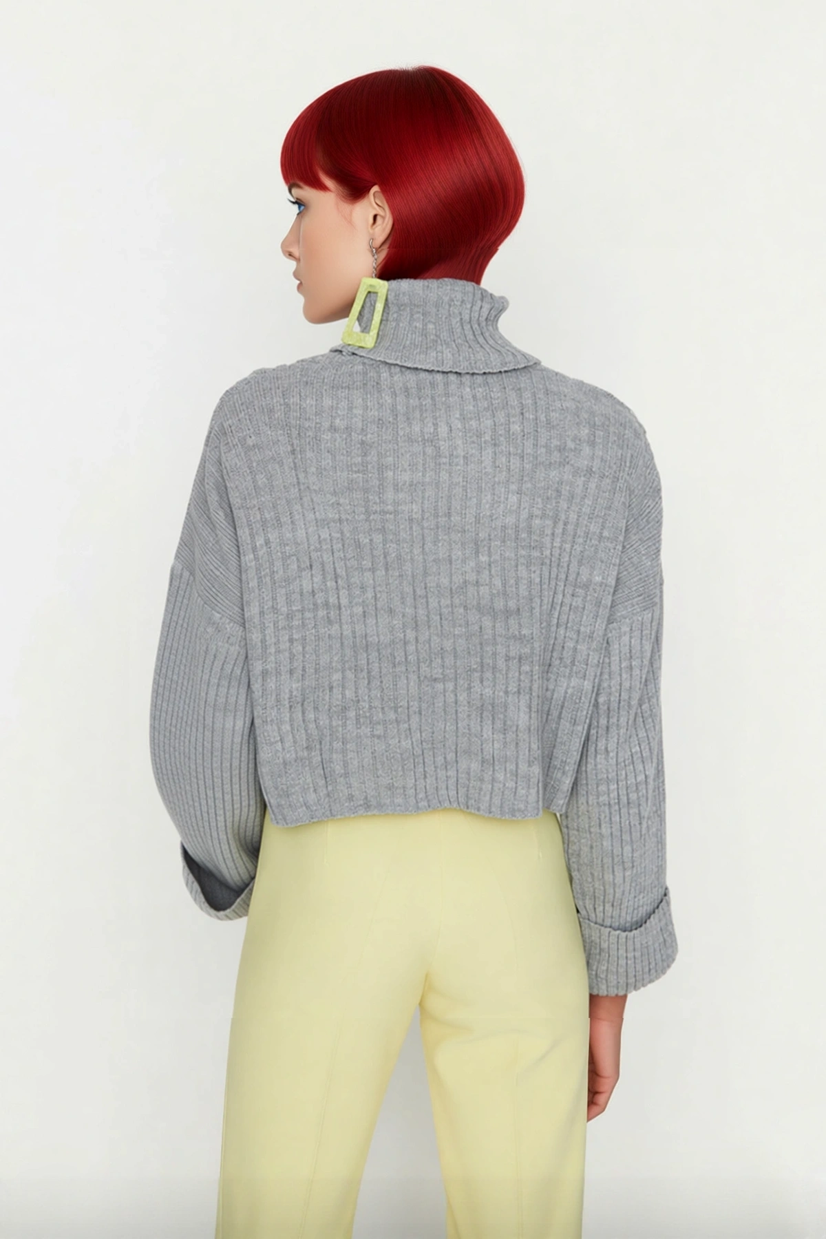 Kadın Oversize Super Crop Balıkçı Yaka Uzun Kollu Akrilik Triko Kazak Kışlık Günlük Şıklık