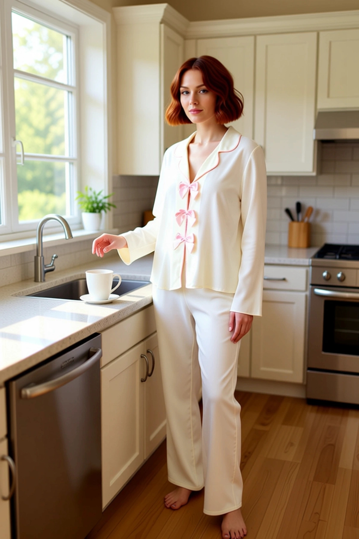 Kadın Viskon Dokuma Pijama Takımı Kurdele Fiyonk Detaylı Rahat Kalıp Şık Görünüm Modern Stil