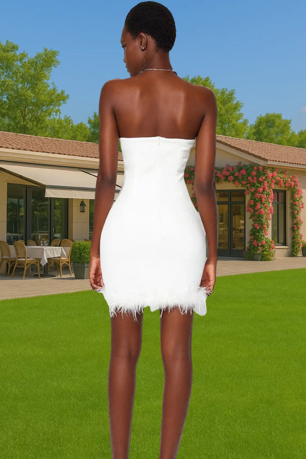 Kadın Mini Bodycon Abiye Elbise Finike Dokuma Tüy Detay Yazlık Günlük Kullanım Özel Günler