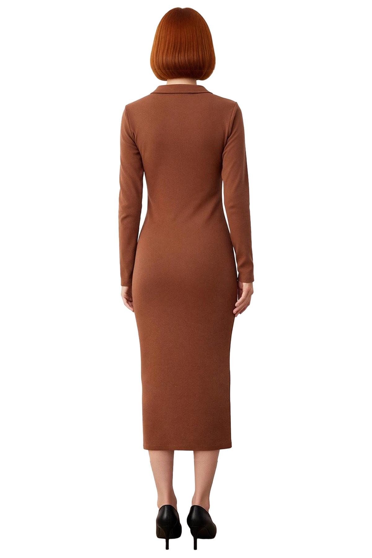Kadın Bodycon Polo Yaka Uzun Kollu Maxi Örme Elbise Fitilli Tasarımıyla Kış Şıklığı Sunar Kaliteli