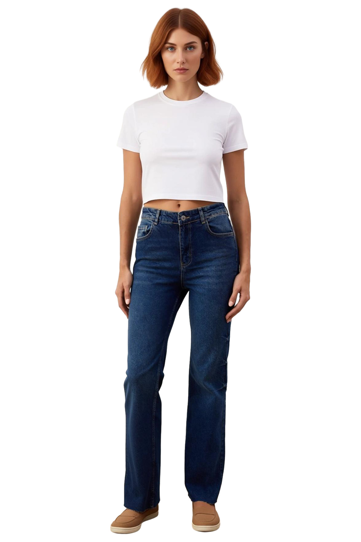 Kadın Yüksek Bel Flare Kesim Denim Pantolon Fonksiyonel Dayanıklı Kaliteli Konforlu Modern