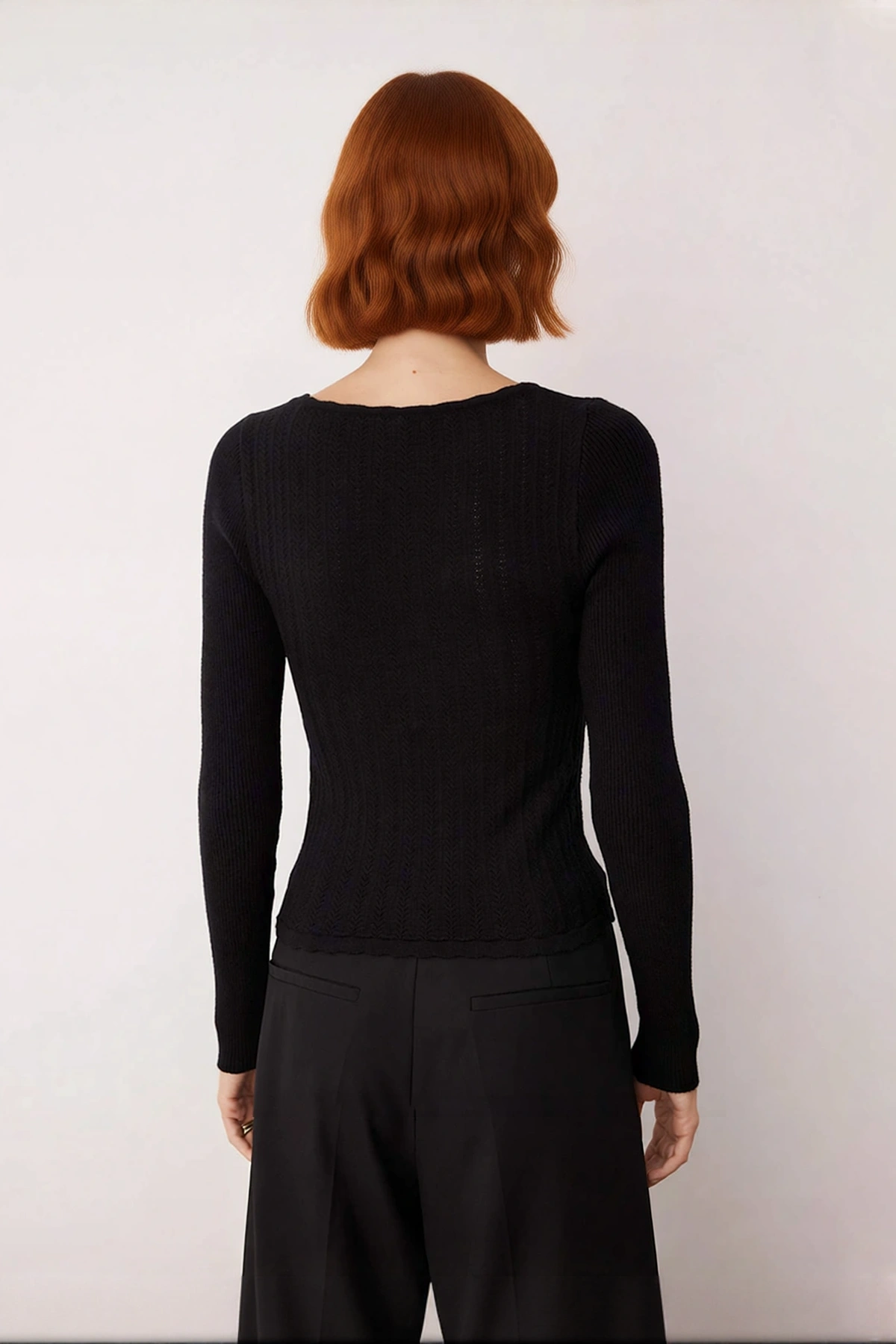 Kadın Fitted Havuz Yaka İnce Triko Crop Bağlama Detaylı Uzun Kollu Modern Şık Günlük Kazak
