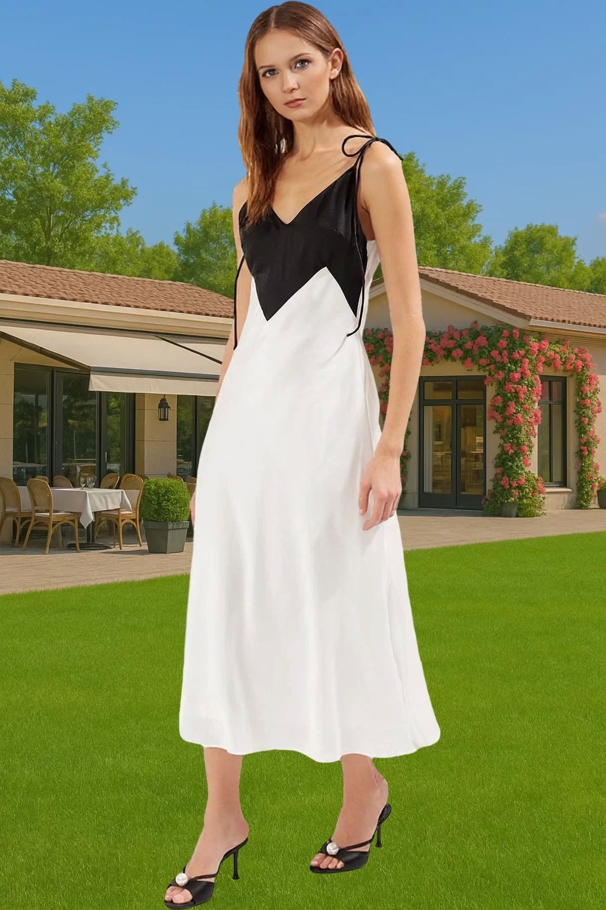 Kadın A Kesim Midi Abiye Elbise V Yaka Saten Yazlık Modern Stil Yaz Aylarının Vazgeçilmezi