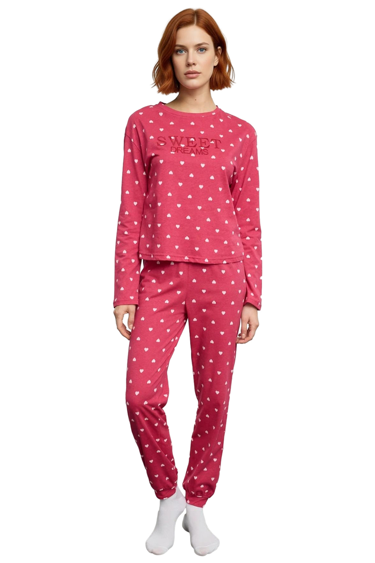 Kadın Kalpli Desenli Pamuklu Pijama Takımı Rahat Ev Giyim Seti Premium Kalite Modern Stil