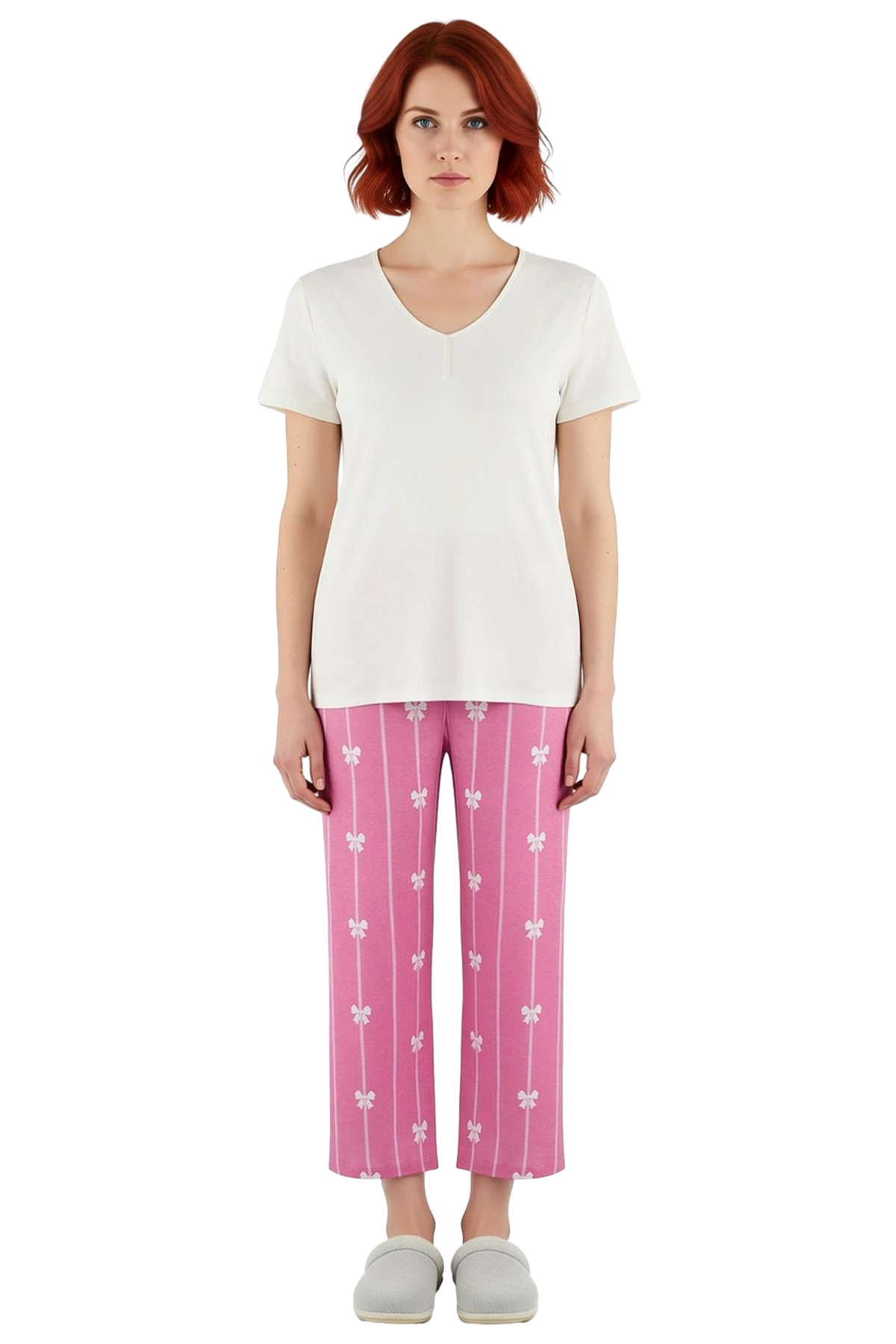 Kadın V Yaka Baskılı Pijama Takımı Fonksiyonel Dayanıklı Kaliteli Konforlu Estetik Premium