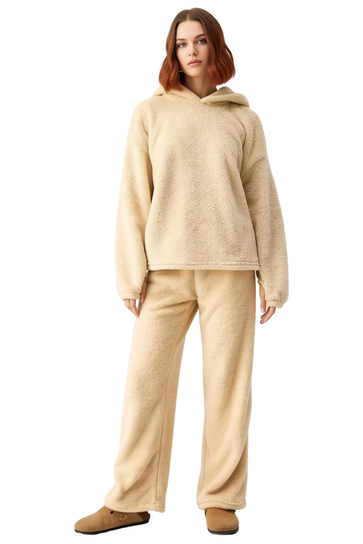 Kadın Kışlık Wellsoft Pijama Takımı Kapüşonlu Boru Paça Rahat Ev Giyim Seti Uzun Ömürlü Modern Stil