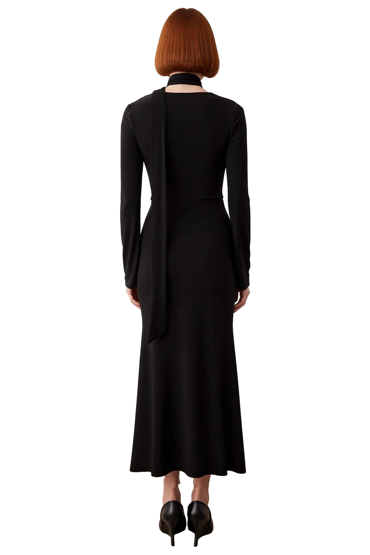 Kadın Bodycon Kalıp V Yaka Kuşak Detaylı Maxi Elbise Uzun Kollu Kış Şık Akşam Davetleri İçin
