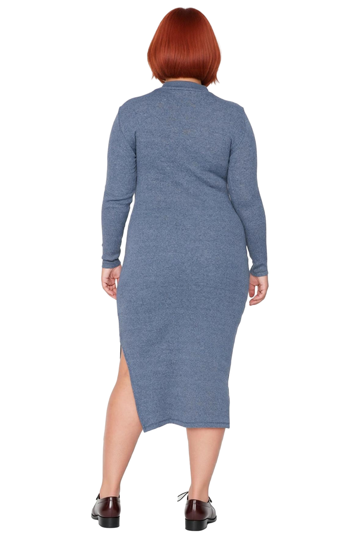 Kadın Bodycon Kesim Düz Desen Dik Yaka Uzun Kol Midi Yırtmaçlı Örme Elbise Kış Koleksiyonu