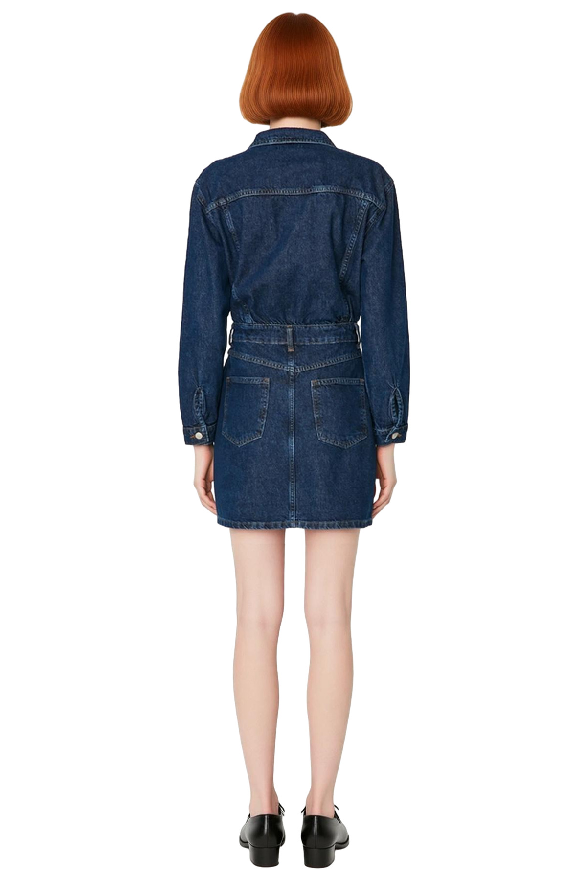 Kadın Denim Mini Gömlek Elbise Uzun Kollu Yaka Şık ve Günlük Tarzı %100 Pamuk Dokusuyla.