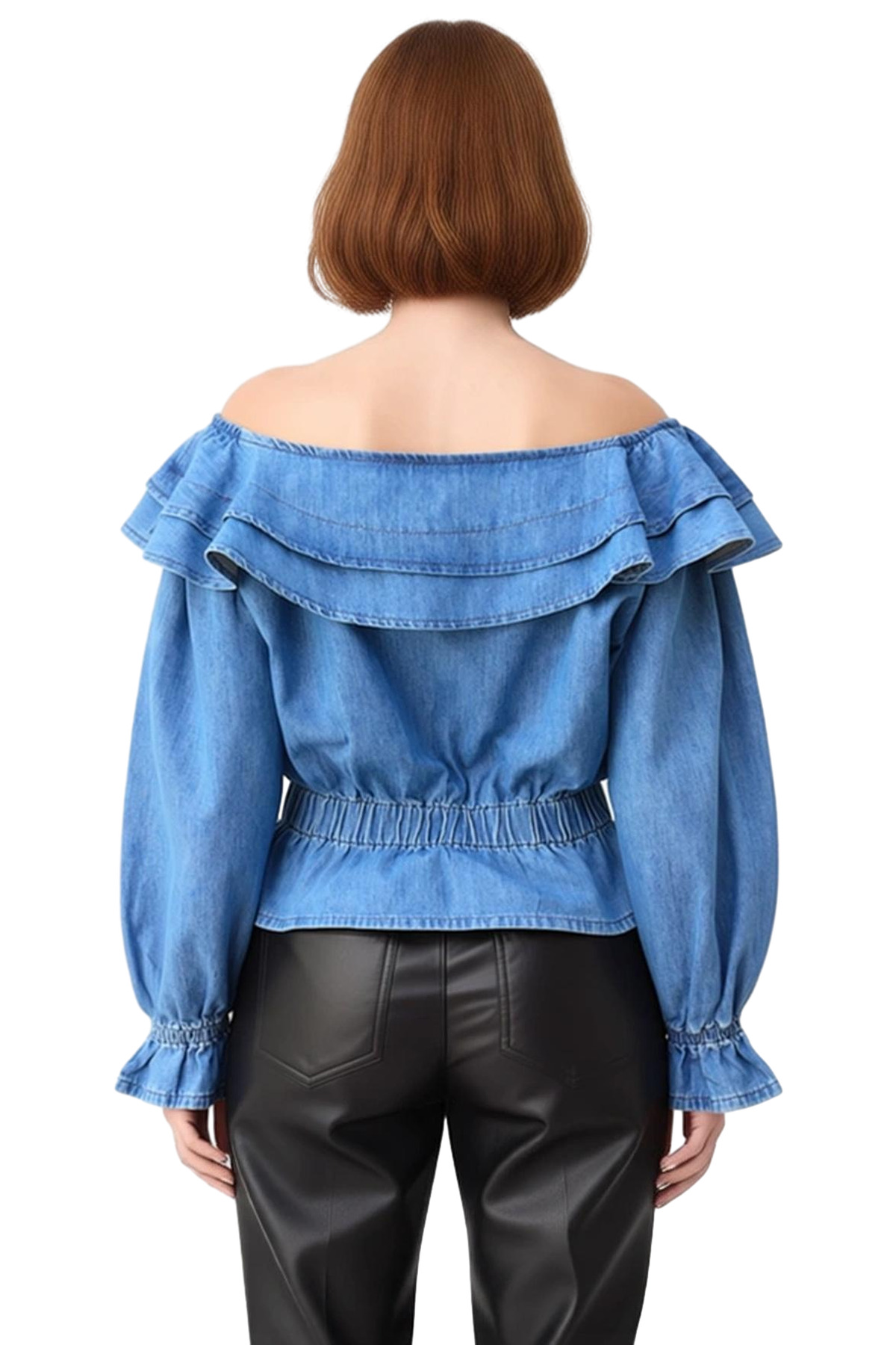 Kadın Carmen Yaka Fırfırlı Denim Bluz Şık ve Rahat Günlük Stil Kaliteli Şık Rahat Modern Zarif