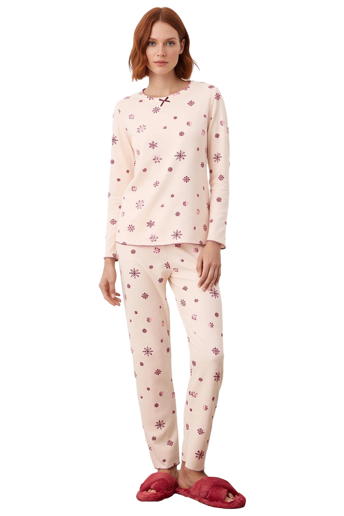 Kadın Pudra Kar Tanesi Desenli Waffle Pijama Takımı Fonksiyonel Dayanıklı Kaliteli Estetik